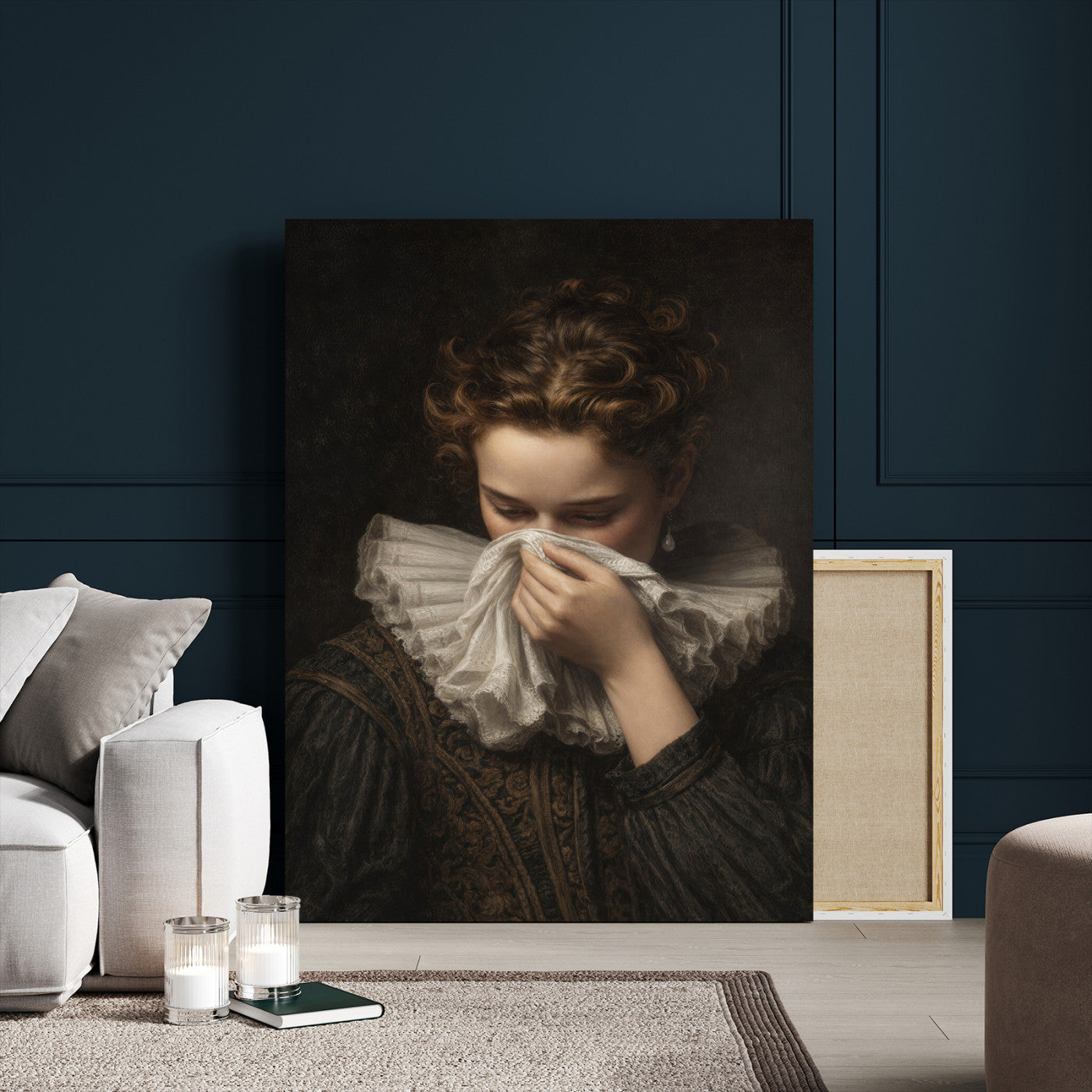 62652430-MGV-CV-24X36 - Baroque Portrait Canvas Wall Art, Flemish Woman with Lace Collar Print for Bathroom Wall Art, Funny Toilet Decor, Renaissance Style Portrait, Moody Vintage Wall Art