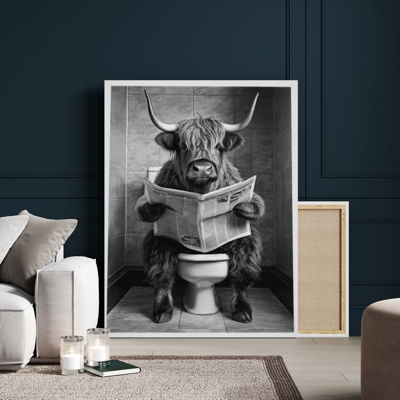 56930218-MGV-CV-24X36 - Funny Bathroom Canvas Wall Art, Texas Longhorn on Toilet Reading Newspaper, Humor Animal Print, Farmhouse Bathroom Decor, Quirky Cow Gift, Toilet Room Art