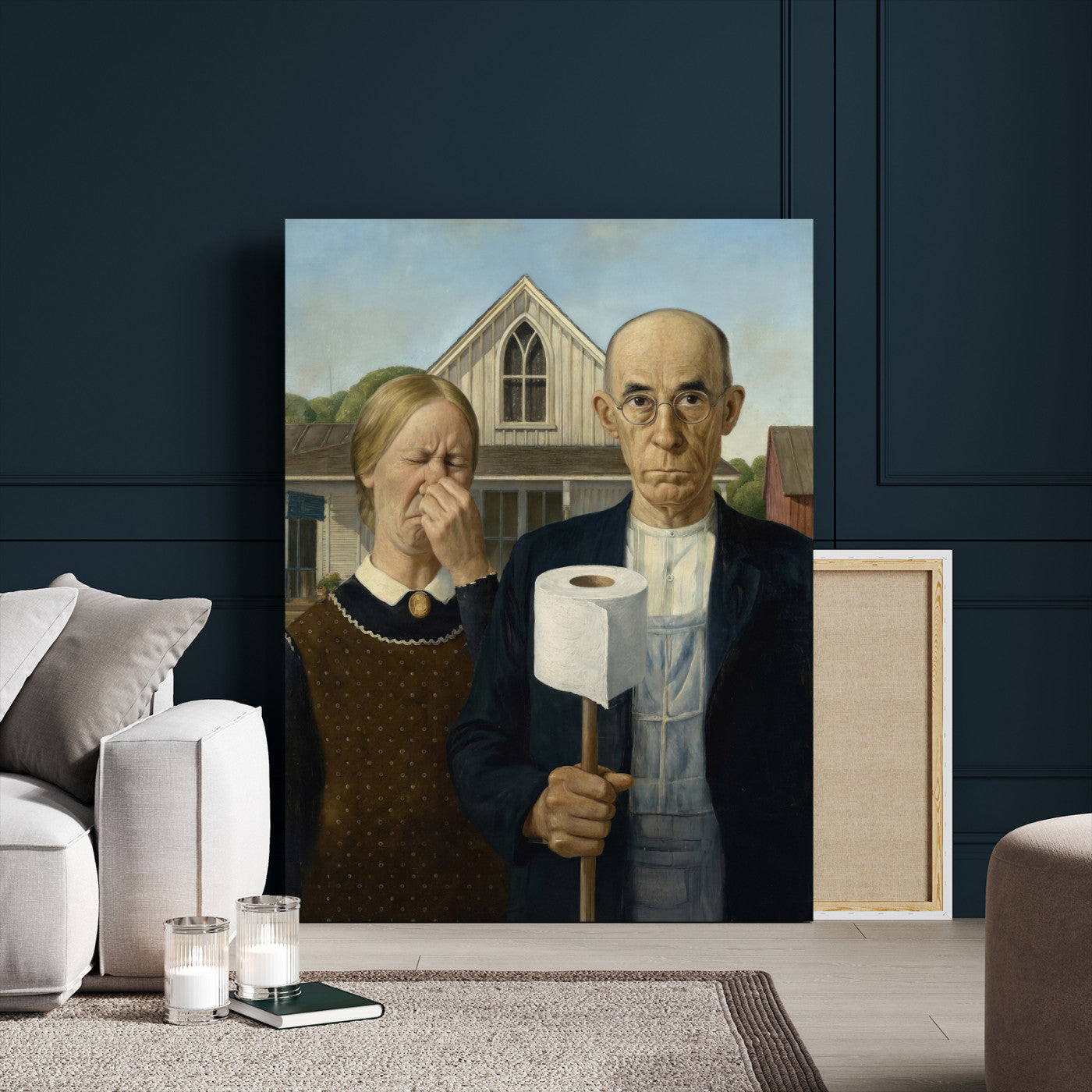 46805085-MGV-CV-24X36 - Funny Bathroom Canvas Wall Art, Grant Wood American Gothic Toilet Paper Parody Print, Humor Bathroom Decor, Classic Art Spoof, Quirky Housewarming Gift