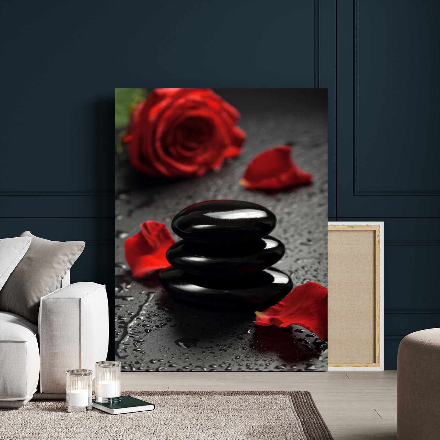37334763-MGV-CV-24X36 - Black Lava Stone Rose Canvas | Red Rose Spa Photography Print | Stacked Stones Dark Luxury Wall Art | Dramatic Bathroom Decor