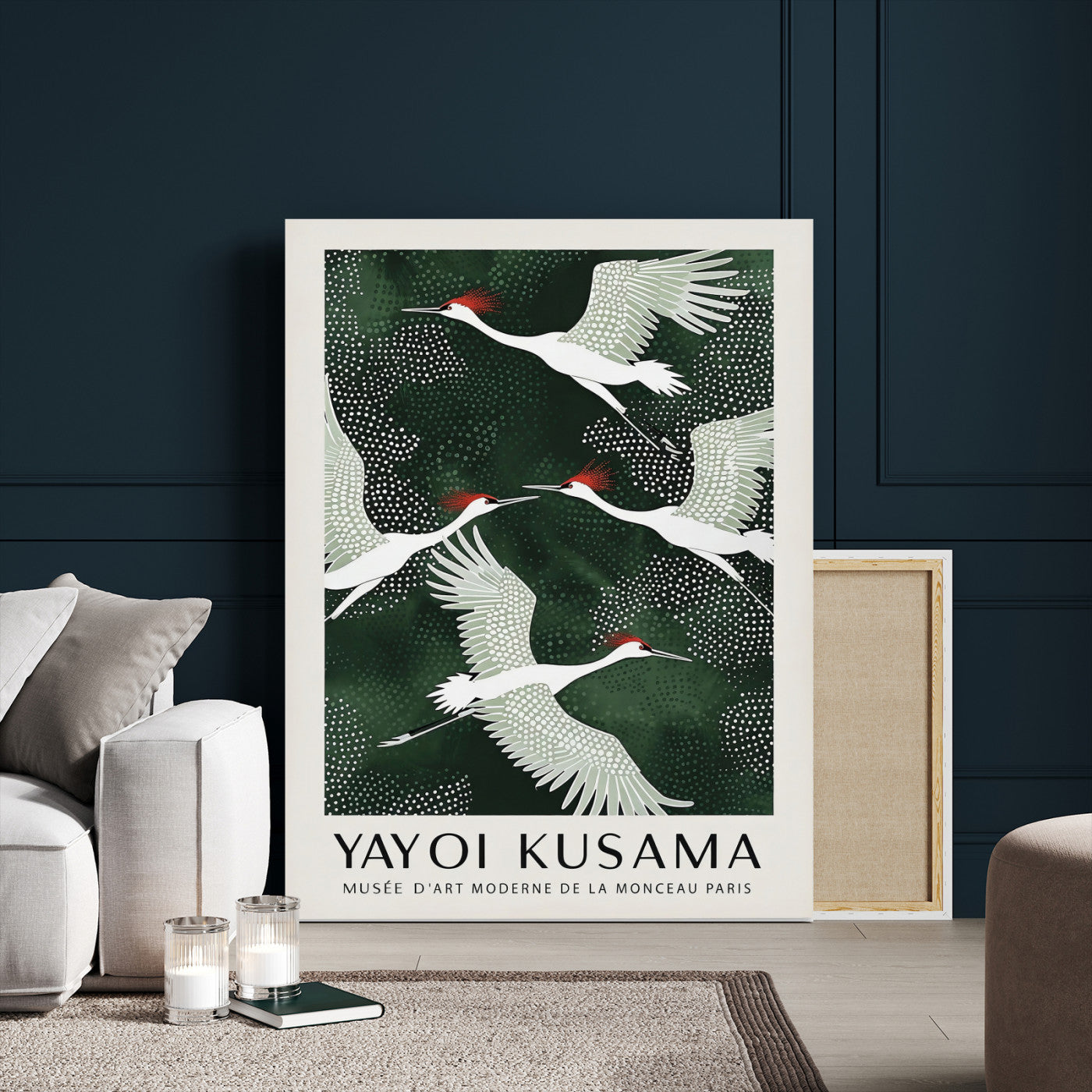 63036906-MGV-CV-24X36 - Yayoi Kusama Crane Bird Wall Art Canvas Print, Japanese Inspired Flying Heron Framed Artwork, Green Botanical Nature Decor for Living Room Bedroom Office