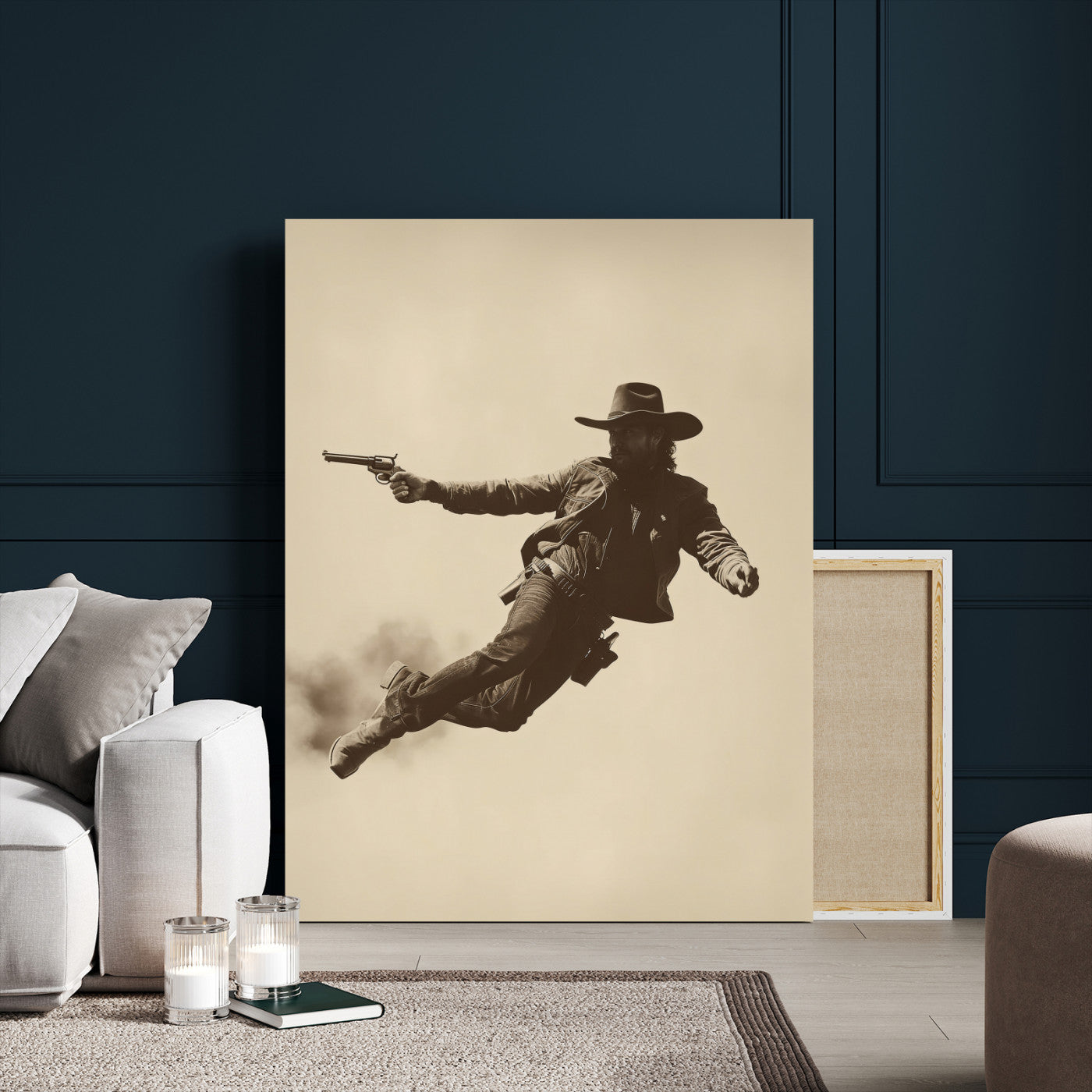 11948430CW-MGV-CV-24X36 - Cowboy Canvas Wall Art, Western Gunslinger Sepia Photo Print, Vintage Rustic Man Cave Decor, Wild West Cinematic Art, Living Room Wall Art