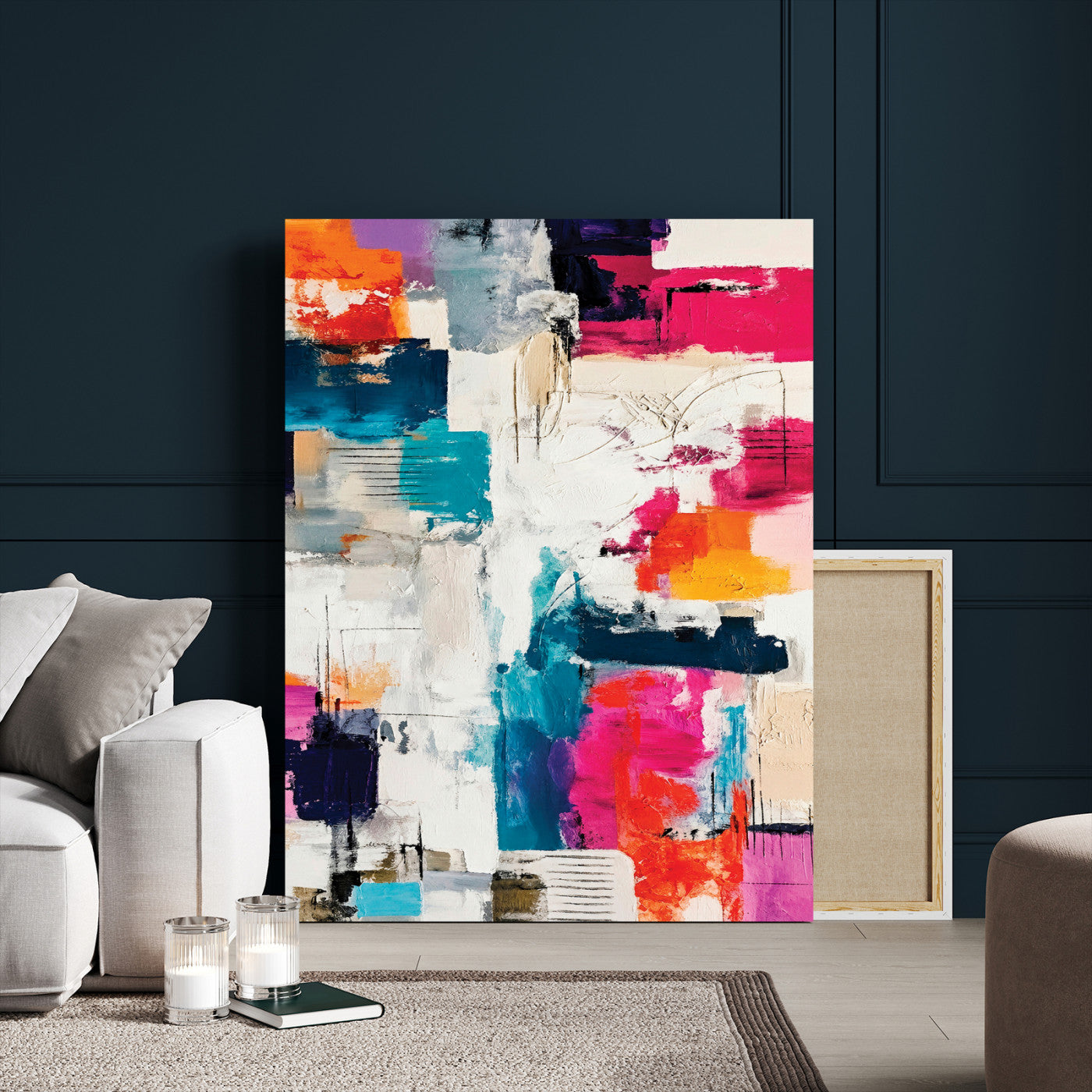 83175929-MGV-CV-24X36 - Blue Teal Abstract Canvas Wall Art Print - Modern Textured Painting Print, Navy Orange White Contemporary Art, Neutral Living Room Decor, Office Art