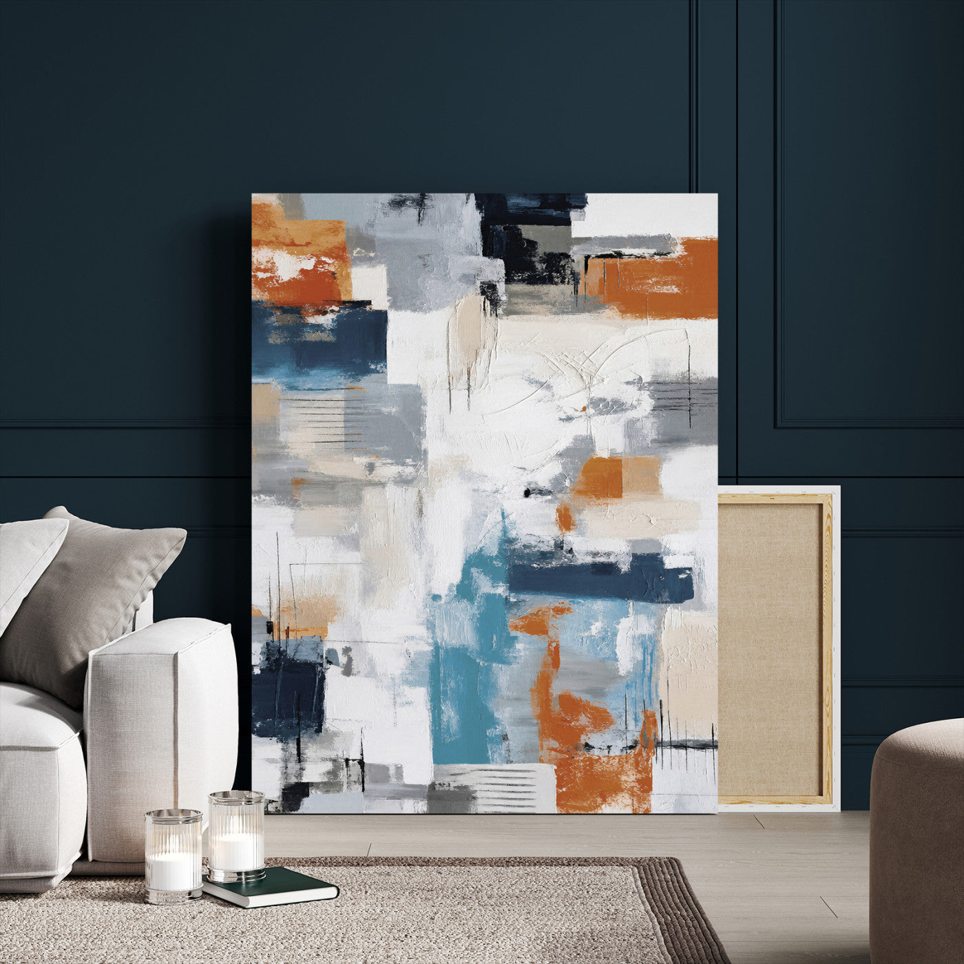 39825760-MGV-CV-24X36 - Blue Teal Abstract Canvas Wall Art, Modern Textured Painting Print, Navy Orange White Contemporary Art, Neutral Living Room Decor, Office Art