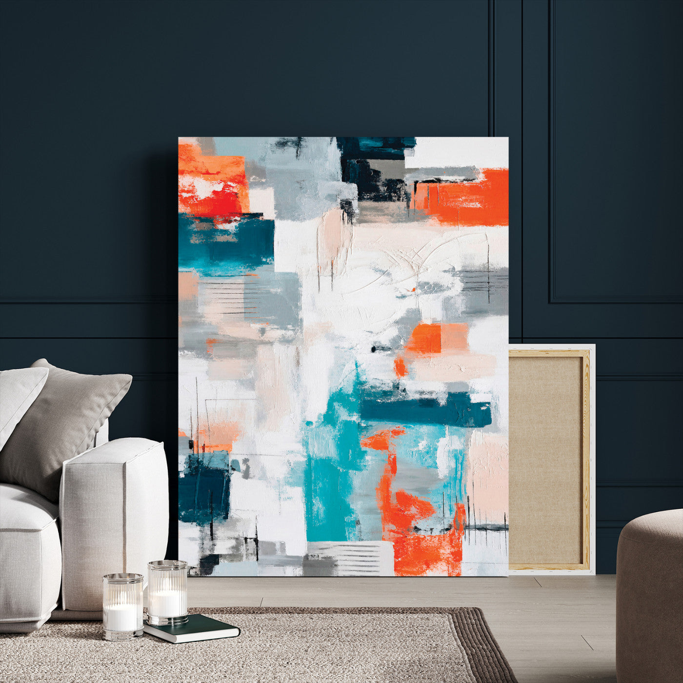 39825760-MGV-CV-24X36 - Blue Teal Abstract Canvas Wall Art - Modern Textured Painting Print, Navy Orange White Contemporary Art, Neutral Living Room Decor, Office Art