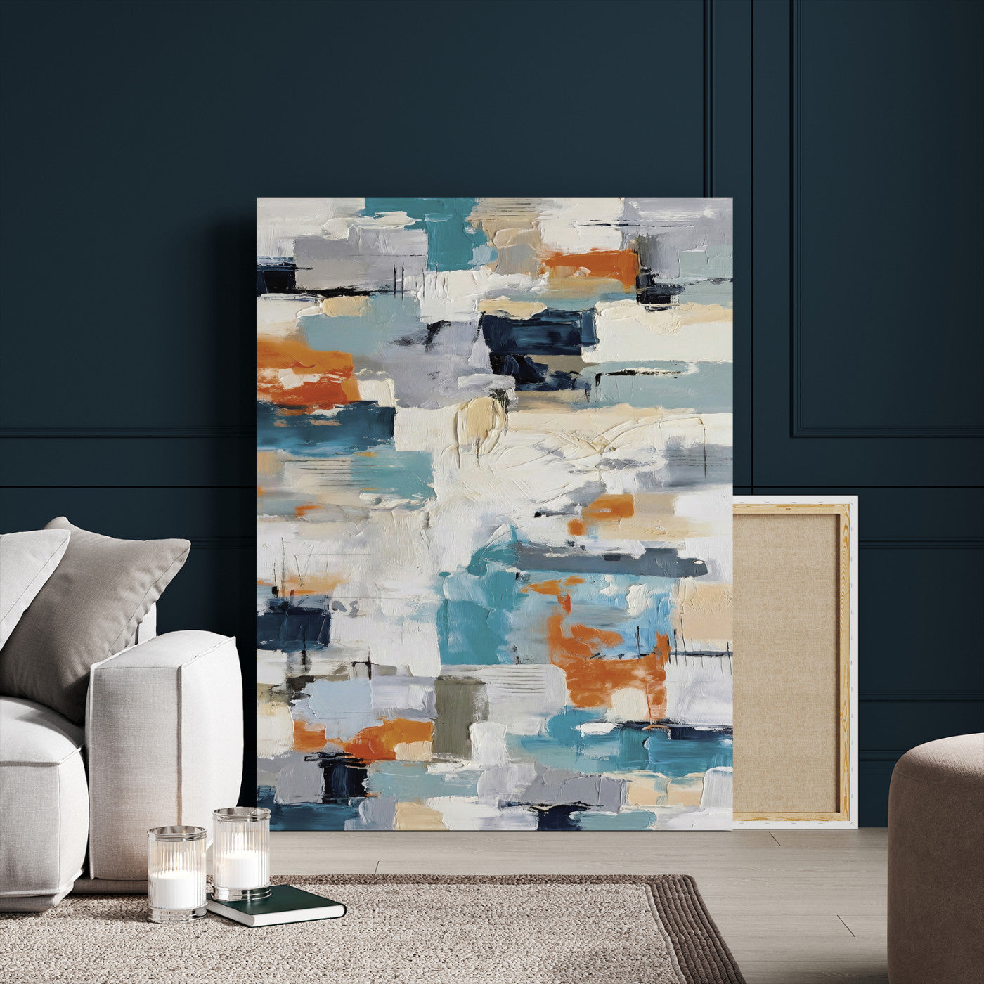 74742966-MGV-CV-24X36 - Blue Teal Abstract Canvas Wall Art, Modern Textured Painting Print, Navy Orange White Contemporary Art, Neutral Living Room Decor, Office Art