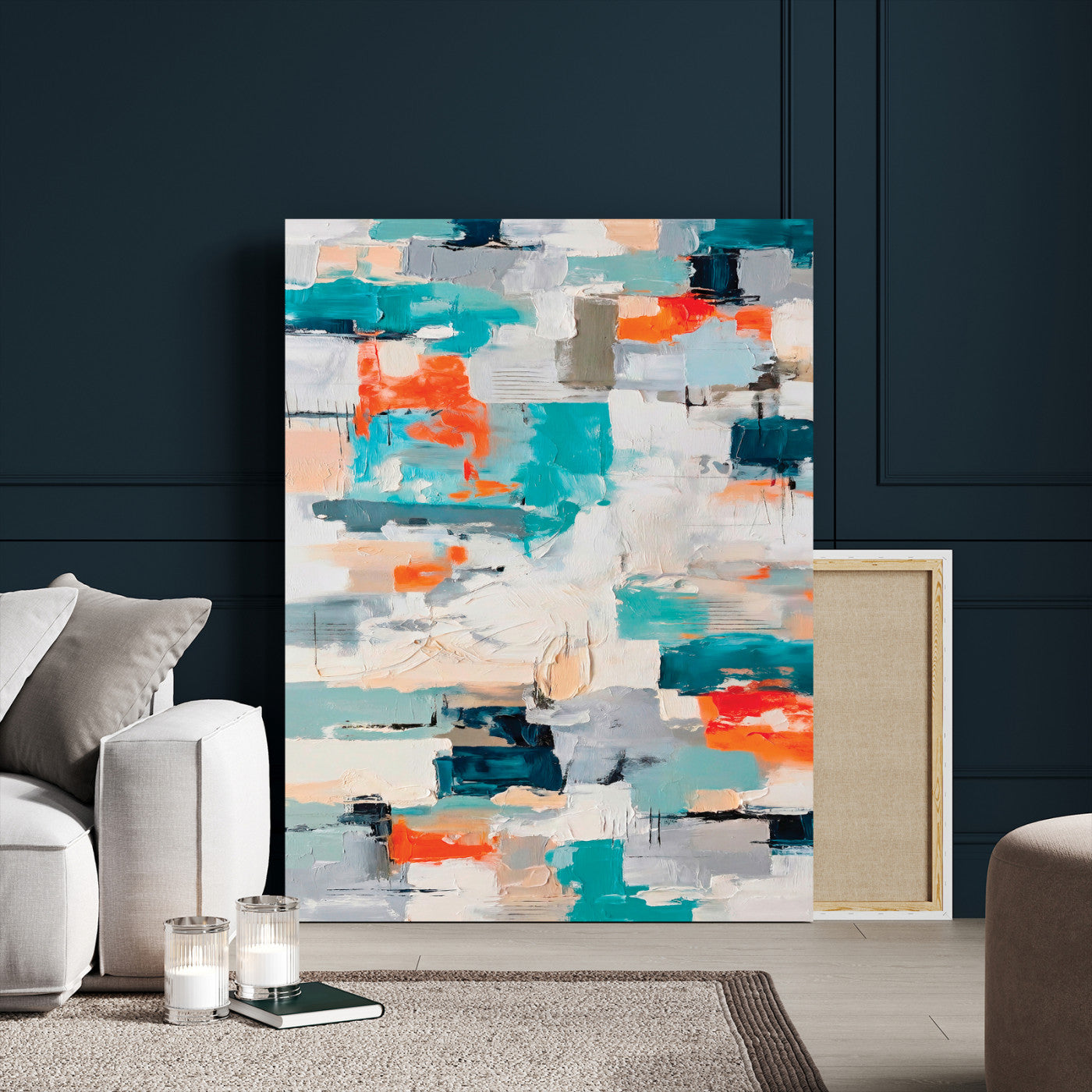 74742966-MGV-CV-24X36 - Blue Teal Abstract Canvas Wall Art - Modern Textured Painting Print, Navy Orange White Contemporary Art, Neutral Living Room Decor, Office Art