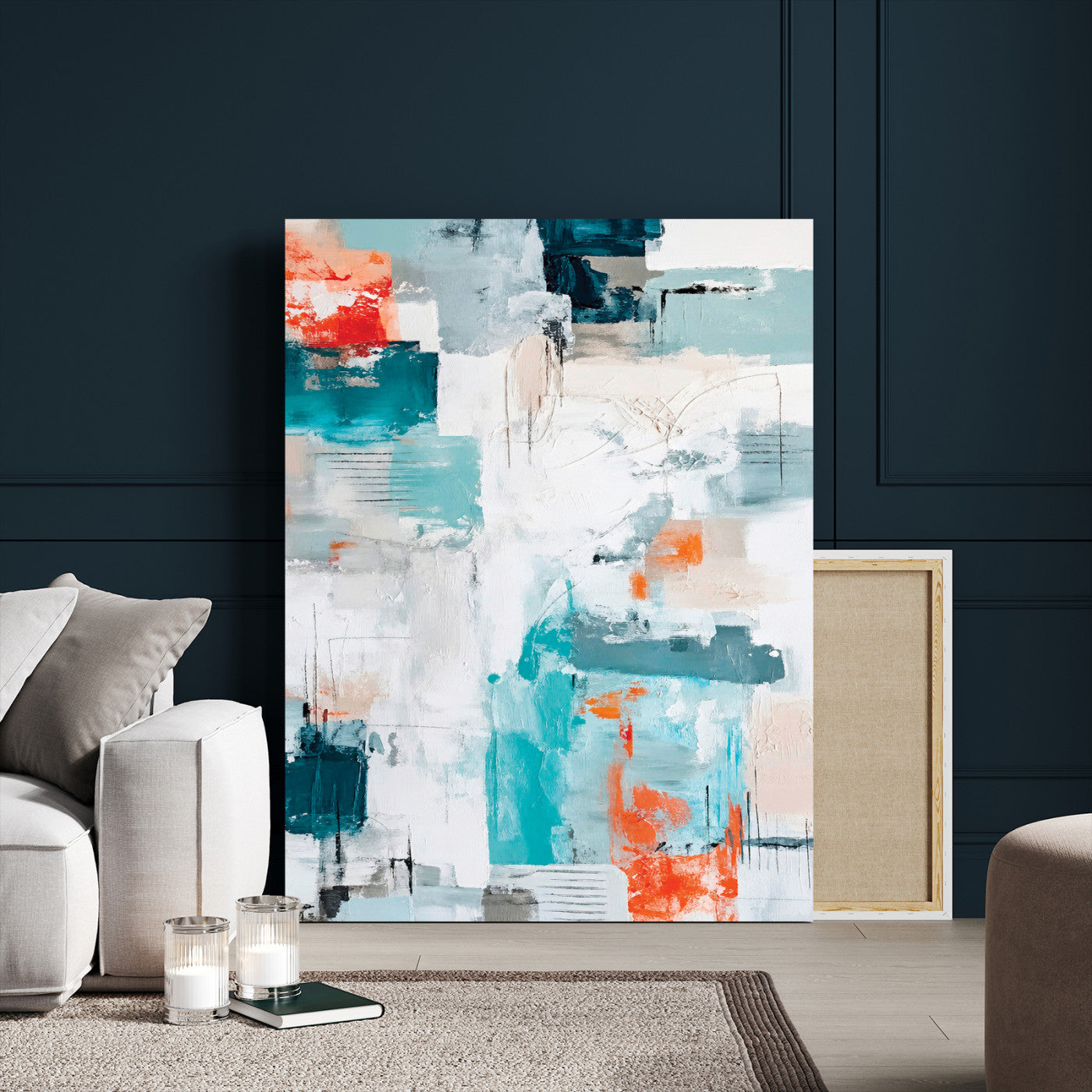 47011485-MGV-CV-24X36 - Blue Teal Abstract Canvas Wall Art, Modern Textured Painting Print, Navy Orange White Contemporary Art, Neutral Living Room Decor, Office Art