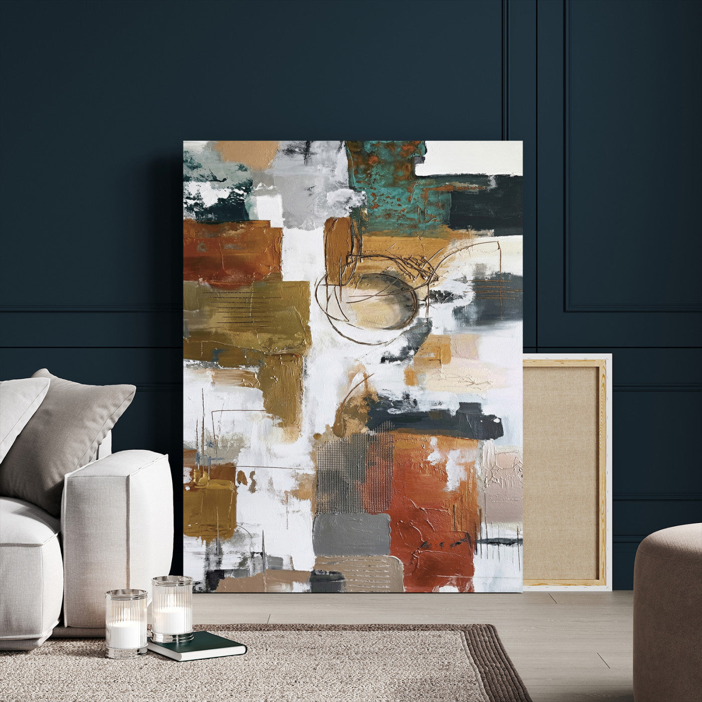 71530836-MGV-CV-24X36 - Blue Teal Abstract Canvas Wall Art, Modern Textured Painting Print, Navy Orange White Contemporary Art, Neutral Living Room Decor, Office Art