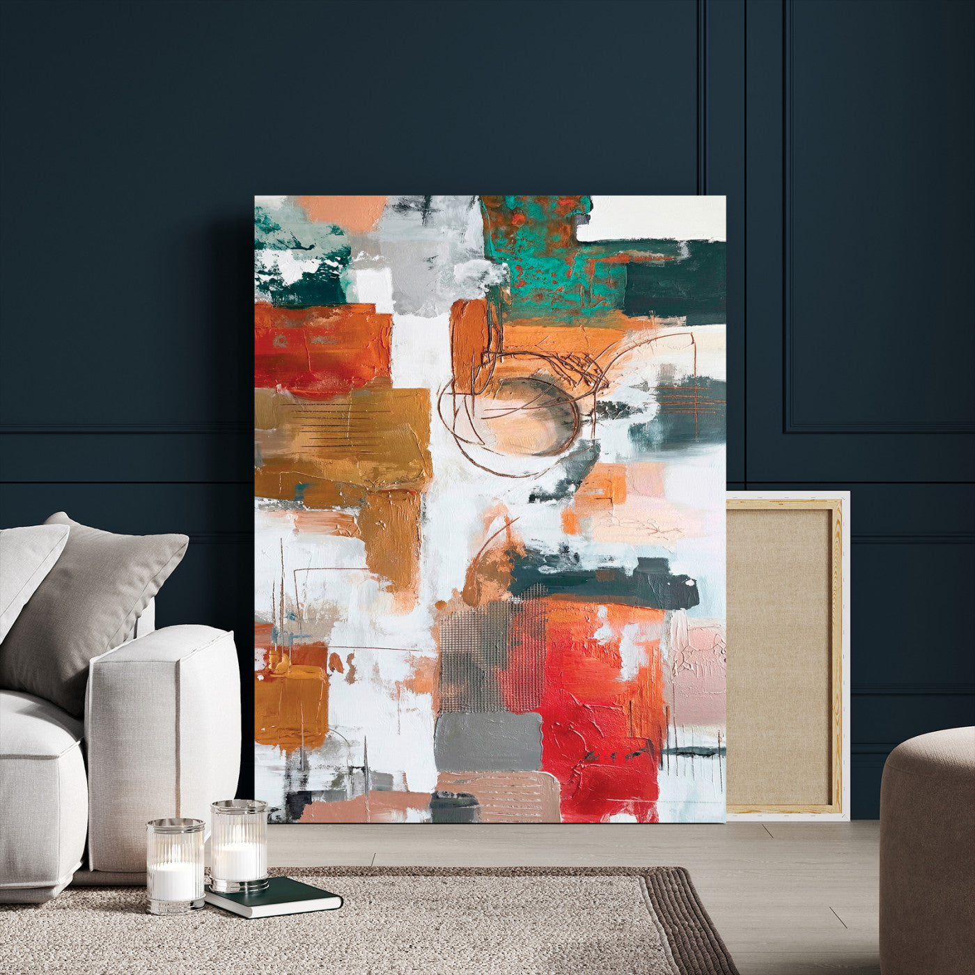 71530836-MGV-CV-24X36 - Blue Teal Abstract Canvas Wall Art | Modern Textured Painting Print, Navy Orange White Contemporary Art, Neutral Living Room Decor, Office Art