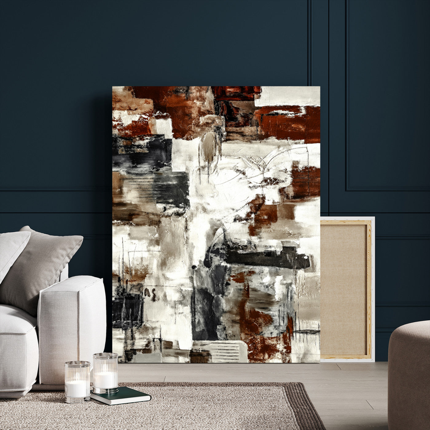 23953633-MGV-CV-24X36 - Blue Teal Abstract Canvas Wall Art, Modern Textured Painting Print, Navy Orange White Contemporary Art, Neutral Living Room Decor, Office Art