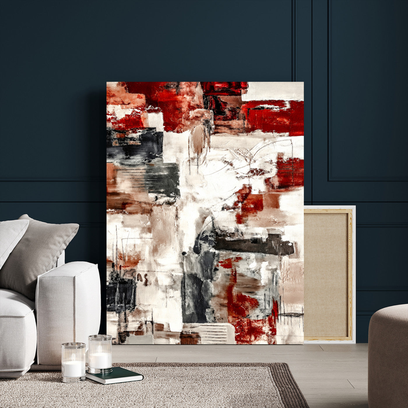 23953633-MGV-CV-24X36 - Blue Teal Abstract Canvas Wall Art | Modern Textured Painting Print, Navy Orange White Contemporary Art, Neutral Living Room Decor, Office Art