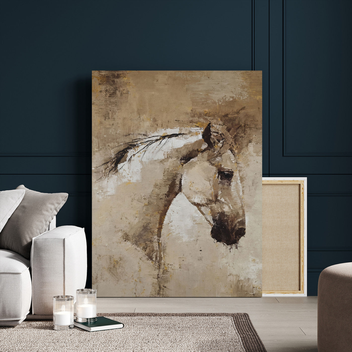 48488295-MGV-CV-24X36 - Rustic Horse Canvas Wall Art Neutral Tone Equestrian Oil Painting Print