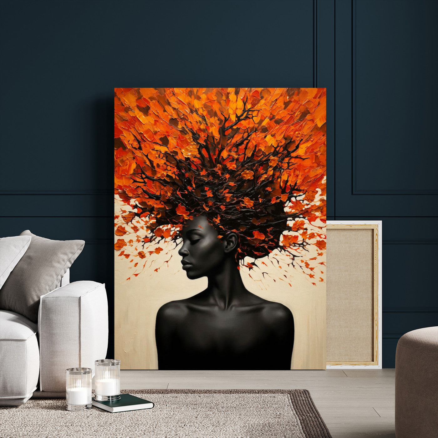 99995103-MGV-CV-24X36 - Black Woman Autumn Tree Canvas Wall Art Surreal African Portrait Painting Print
