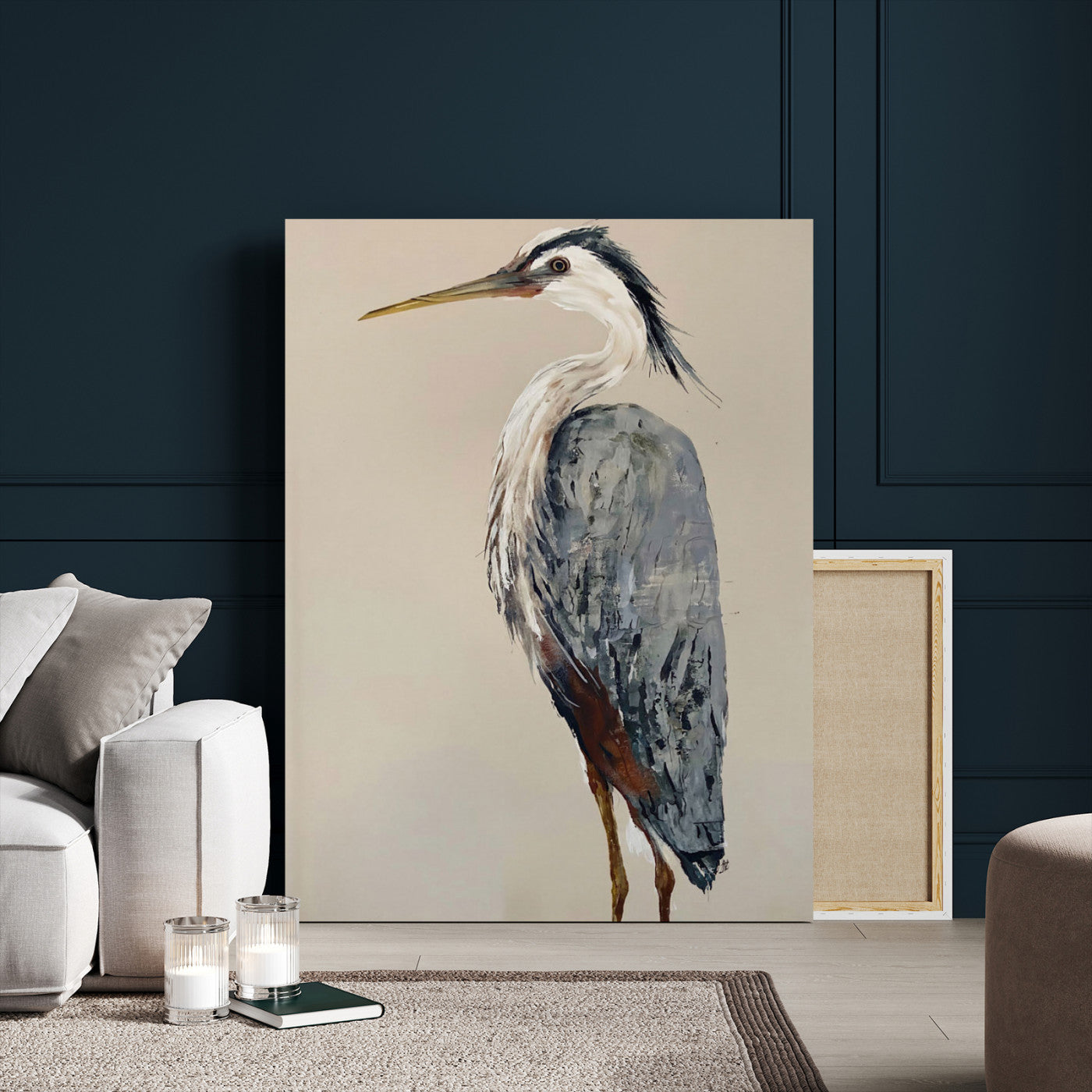 80349996-MGV-TP-24X36 - Great Blue Heron Canvas Wall Art - Coastal Bird Oil Painting Print for Home Wall Decor