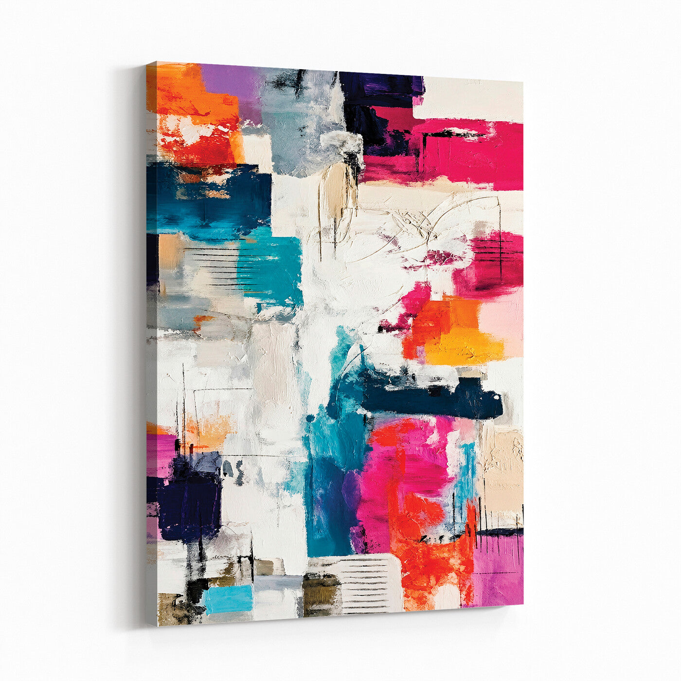 83175929-MGV-CV-24X36 - Blue Teal Abstract Canvas Wall Art Print - Modern Textured Painting Print, Navy Orange White Contemporary Art, Neutral Living Room Decor, Office Art
