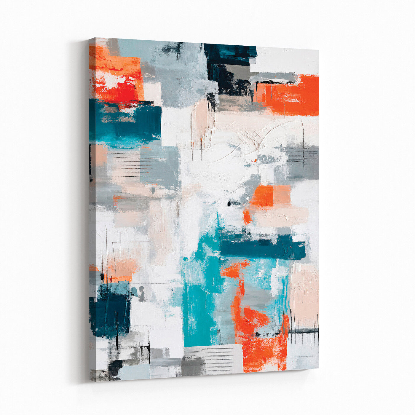 39825760-MGV-CV-24X36 - Blue Teal Abstract Canvas Wall Art - Modern Textured Painting Print, Navy Orange White Contemporary Art, Neutral Living Room Decor, Office Art