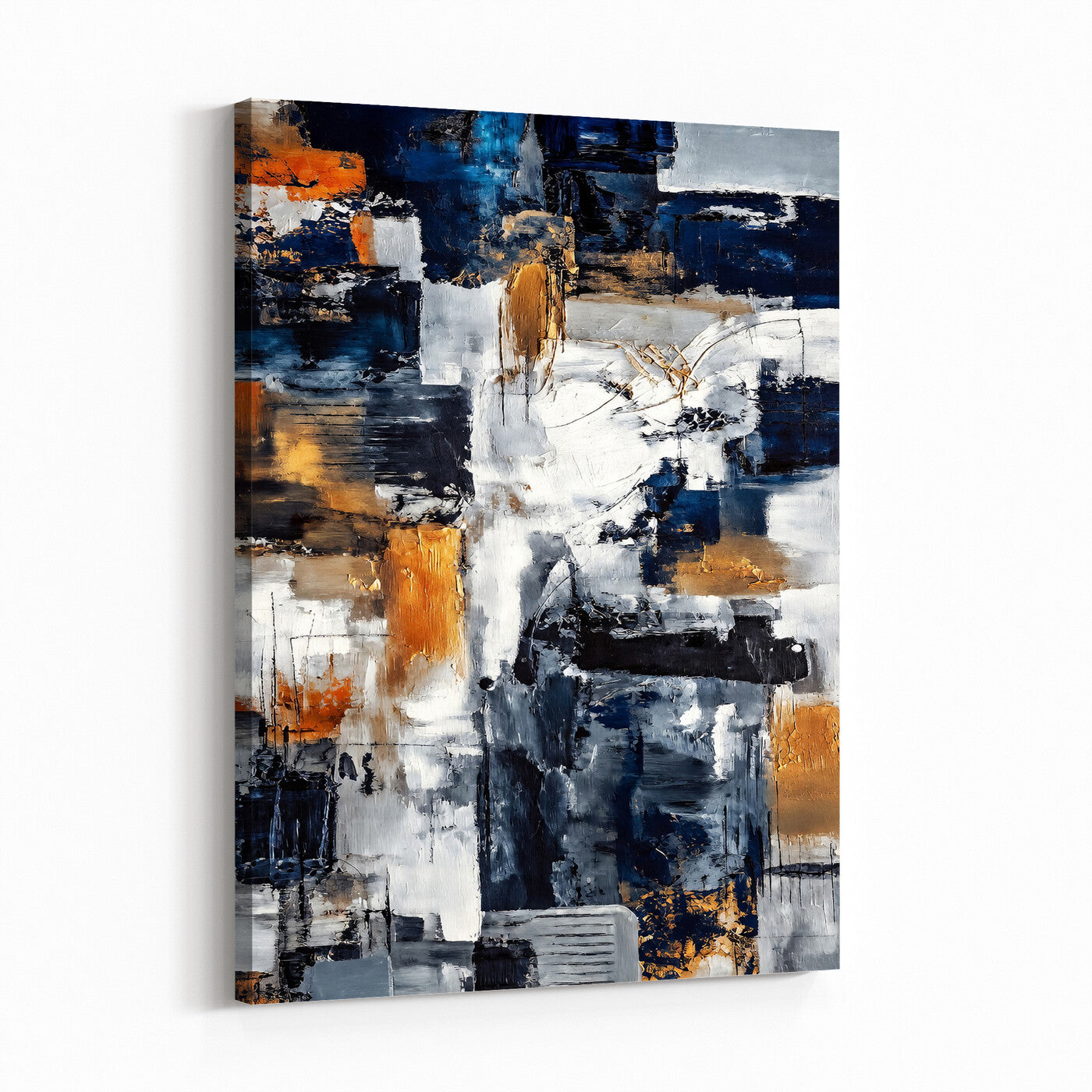 85264820-MGV-CV-24X36 - Blue Teal Abstract Canvas Wall Art - Modern Textured Painting Print, Navy Orange White Contemporary Art, Neutral Living Room Decor, Office Art