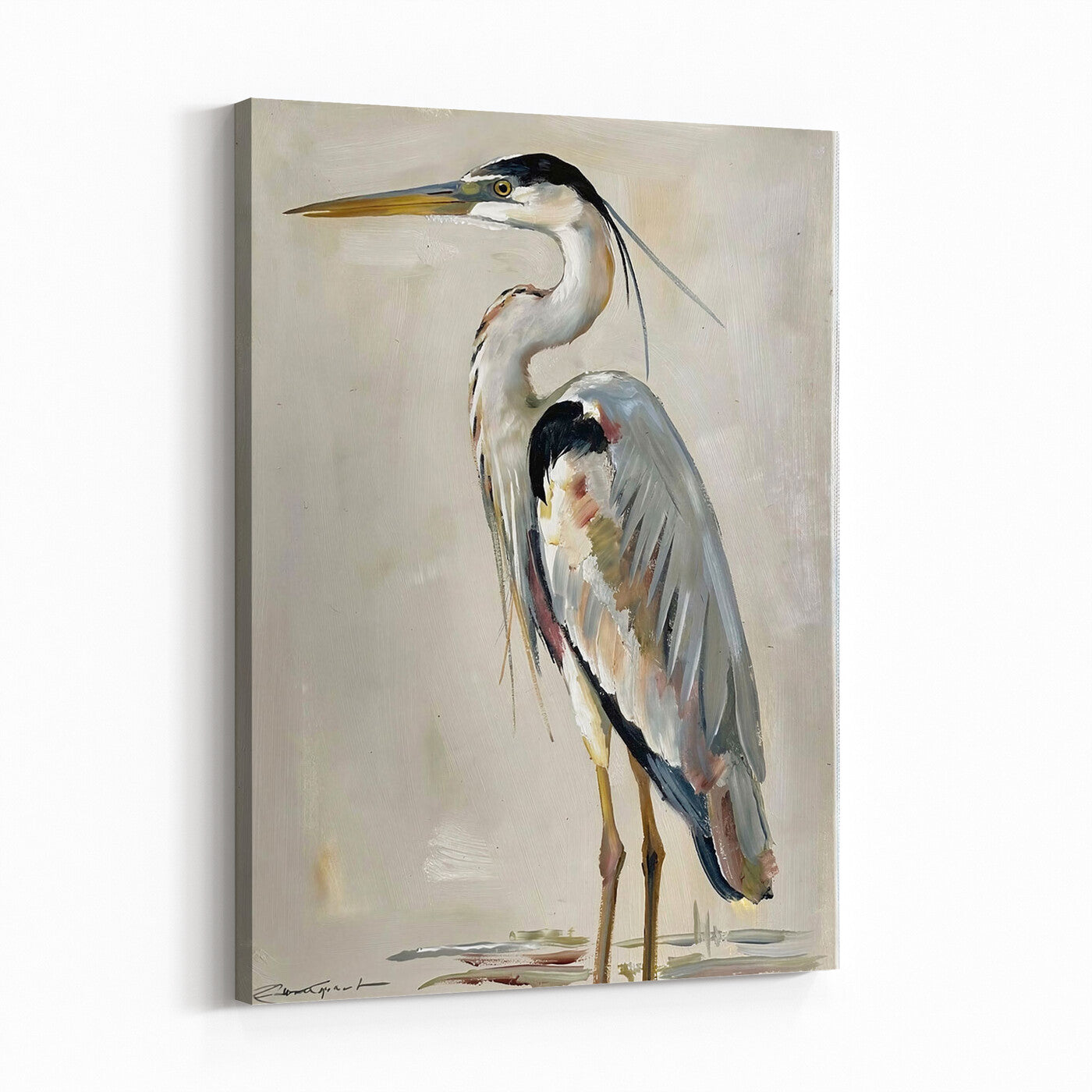 66936694-MGV-CV-24X36 - Great Blue Heron Canvas Wall Art Coastal Bird Oil Painting Print