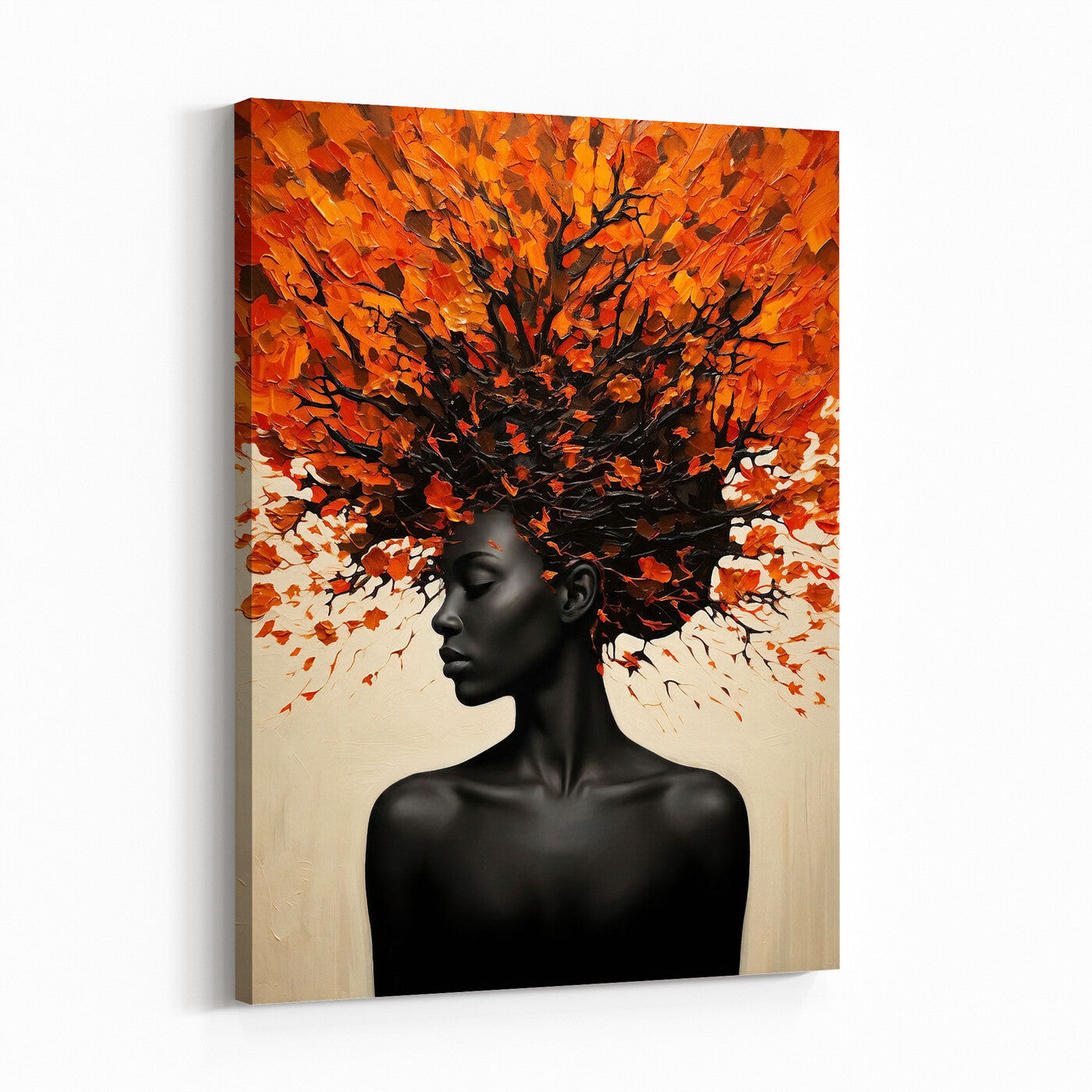 99995103-MGV-CV-24X36 - Black Woman Autumn Tree Canvas Wall Art Surreal African Portrait Painting Print
