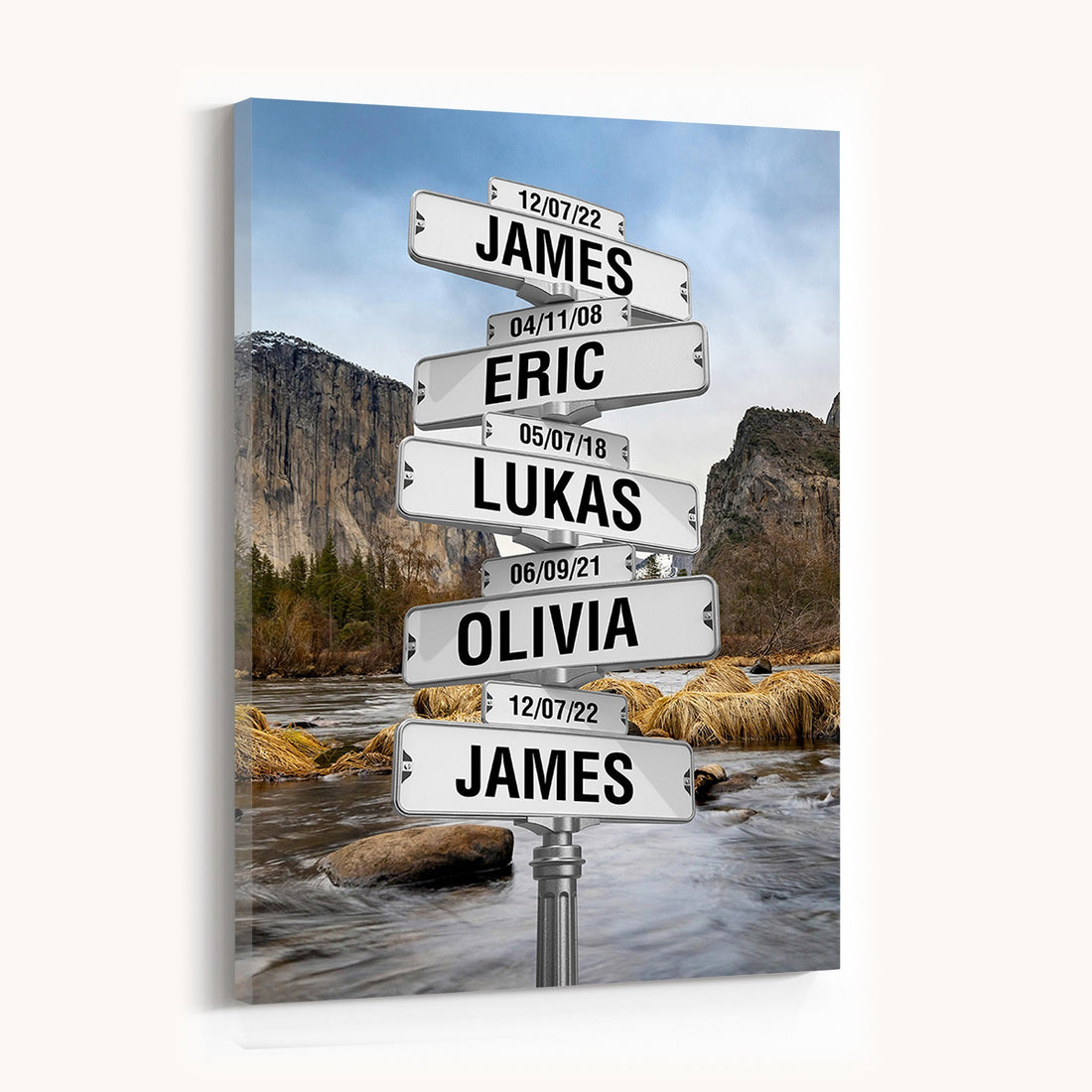 Personalized Family Name Street Sign Canvas Print with Mountain River View