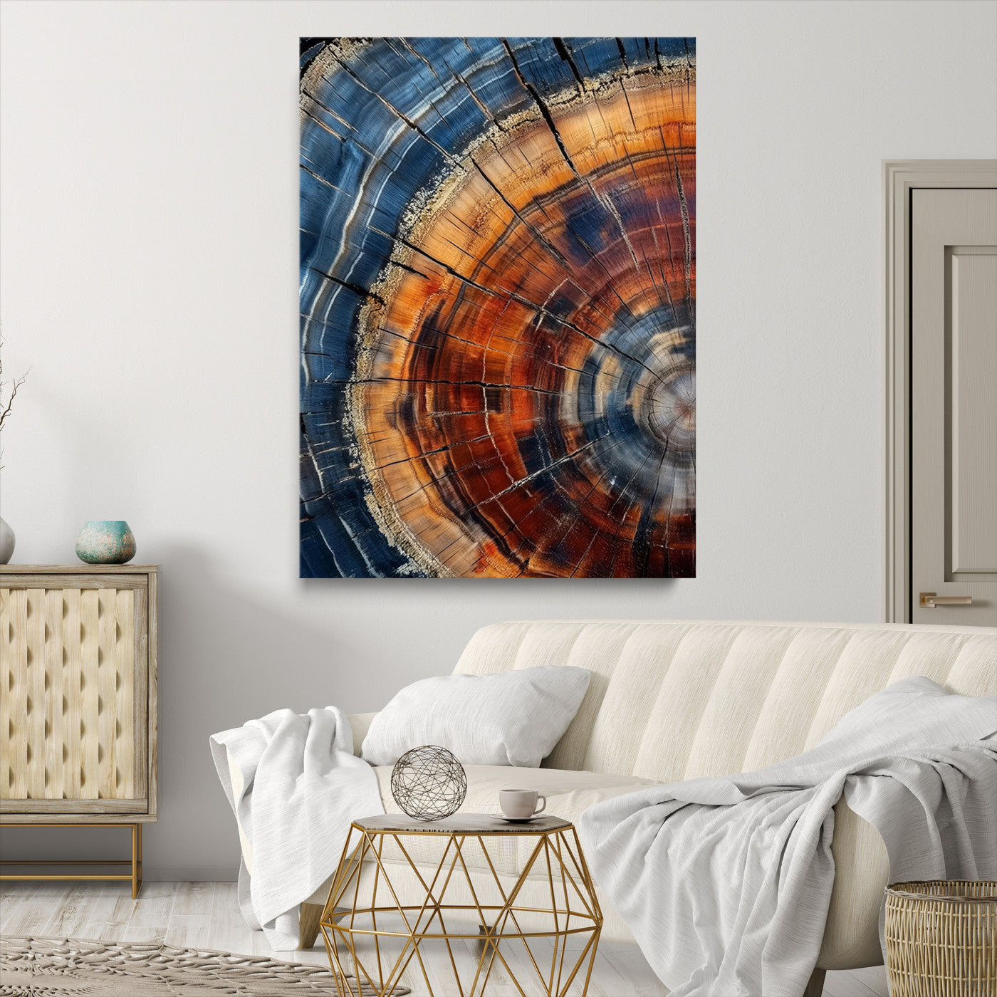 38379387-MGV-CV-36X24-Tree Rings Wall Art Canvas Print – Blue Wood Grain Rustic Texture Natural Earthy Nature Artwork for Home Office
