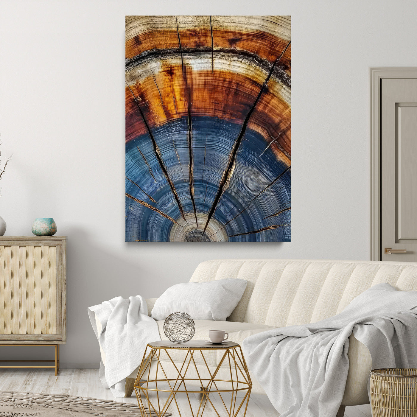 47703729-MGV-CV-36X24-Tree Rings Wall Art Canvas Print – Blue Wood Grain Rustic Natural Earthy Nature Artwork for Home, Office, Living Room