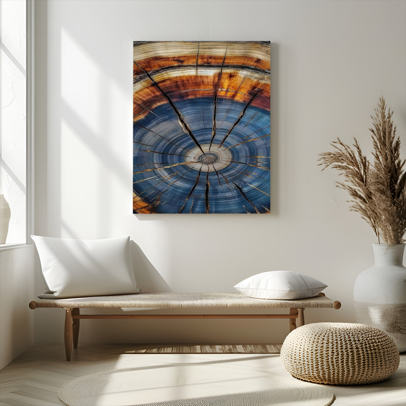 58959380-MGV-CV-24X36-Tree Rings Wall Art Canvas Print – Blue Wood Grain Rustic Pattern Natural Texture Artwork for Modern Home Office