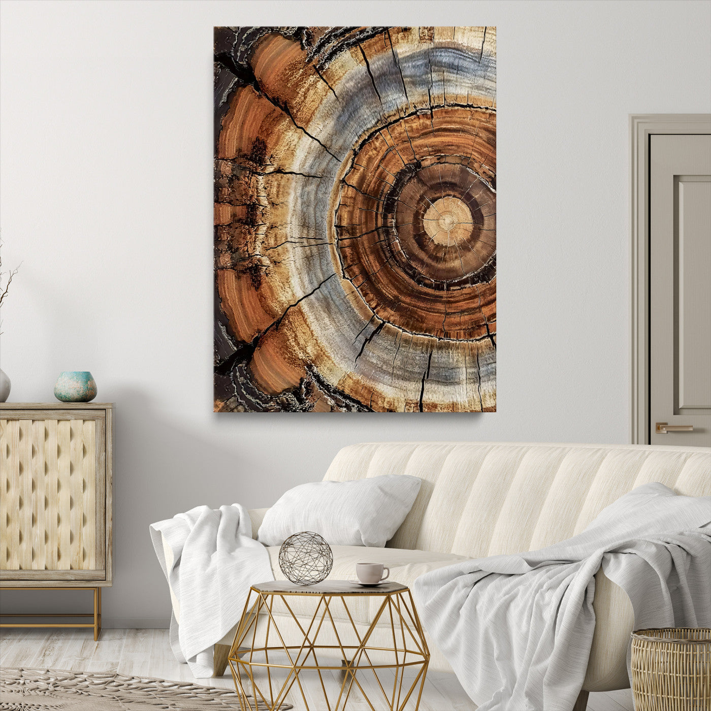 28233914-MGV-CV-36X24-Tree Rings Wall Art Canvas Print – Rustic Wood Grain Pattern Natural Rings Earthy Artwork for Home, Office, Living Room