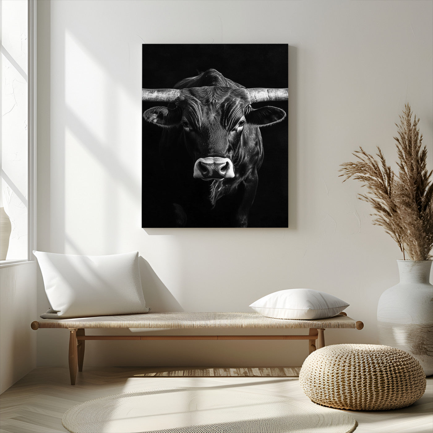 -Texas Longhorn Wall Art Canvas Print, Framed Monochrome Bull Art Picture Print, Horned Bull Perfect Minimalist Western Decor Artwork