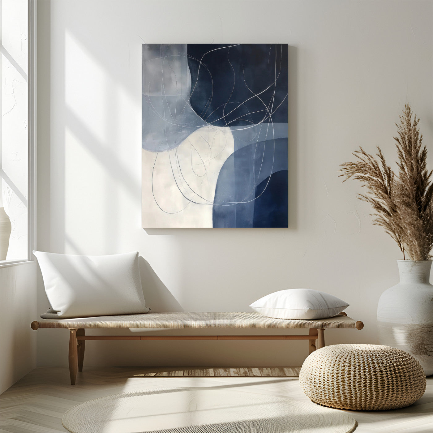 62566633-MGV-CV-24X36-Navy Abstract Wall Art Canvas Print – Framed Minimal Lineart Shapes Modern Geometric Minimalist Artwork for Home Office