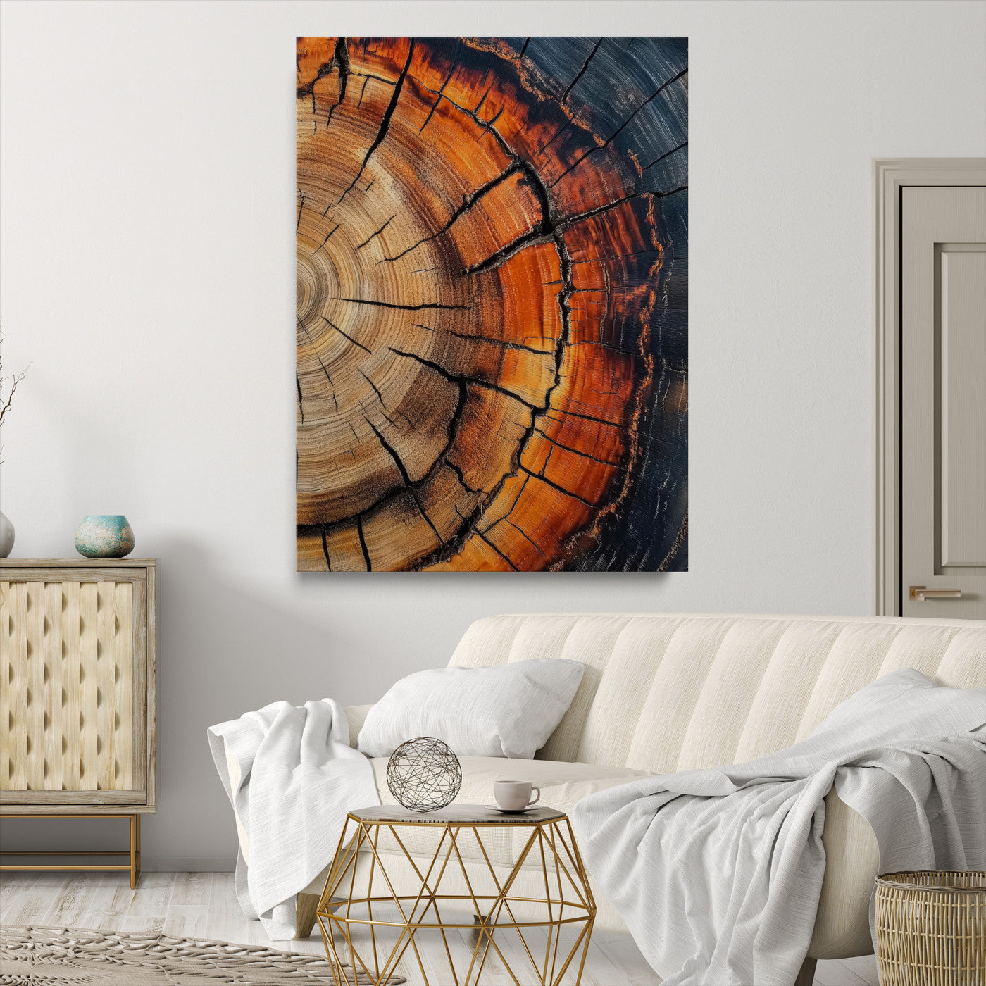 12078265-MGV-CV-36X24-Tree Rings Wall Art Canvas Print – Framed Burnt Wood Rustic Nature Growth Rings Organic Artwork for Home Office