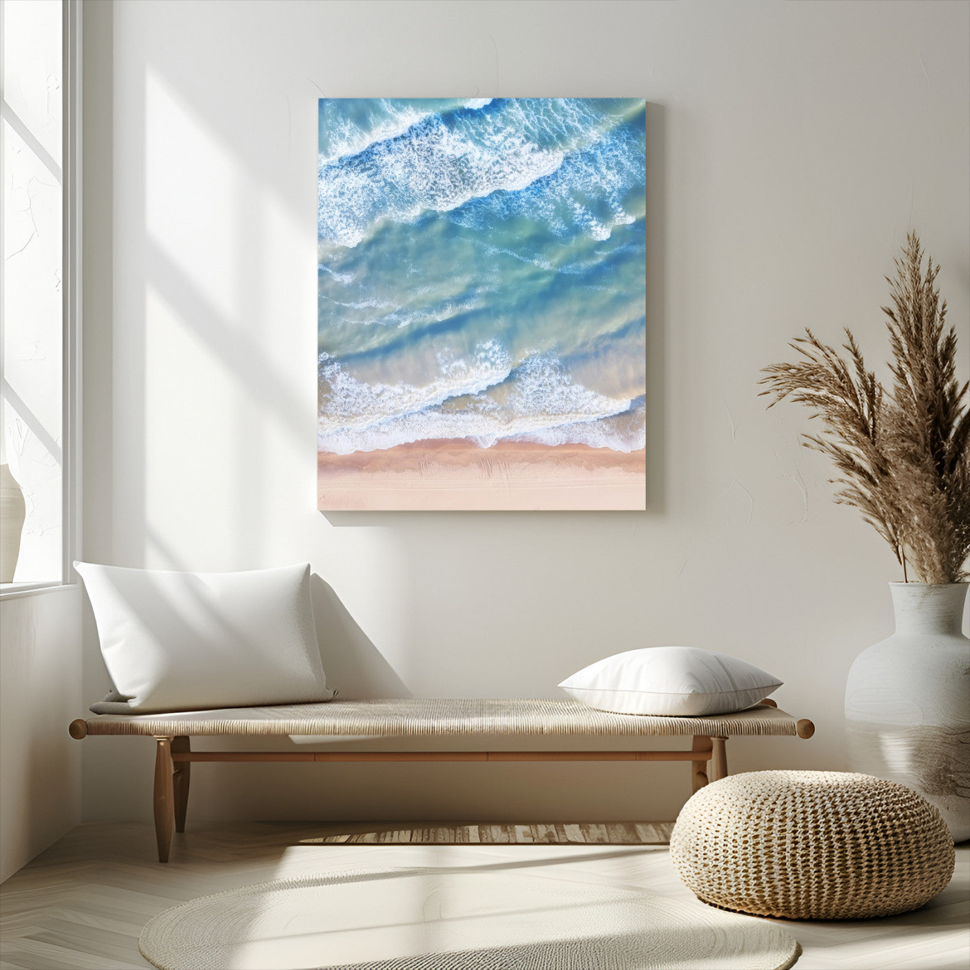 81208260-MGV-CV-24X36-Aerial Ocean View Wall Art Canvas Print, Framed Soft Blue Waves Art Picture Print, Sandy Shoreline Perfect Modern Coastal Decor Artwork