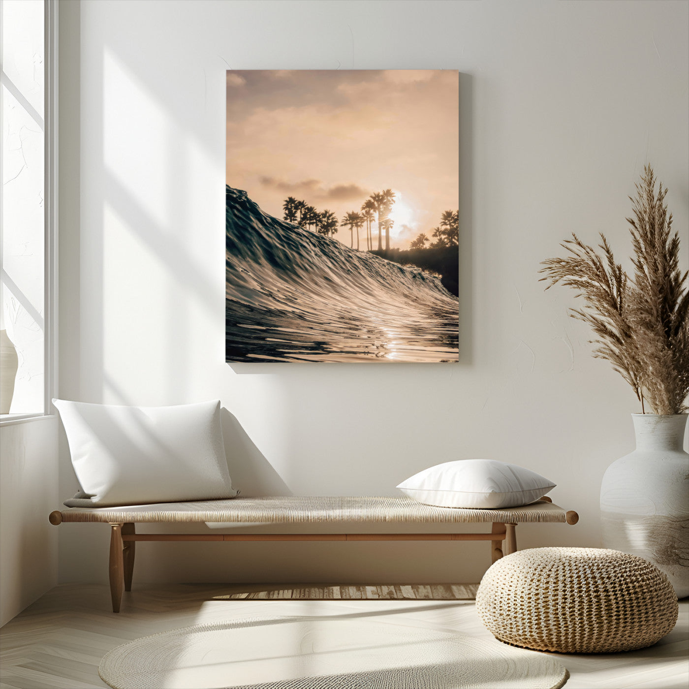 50270635-MGV-CV-24X36-Golden Hour Ocean Wave Wall Art Canvas Print – Framed Tropical Beach Sunset Palm Silhouette Coastal Artwork for Home Office