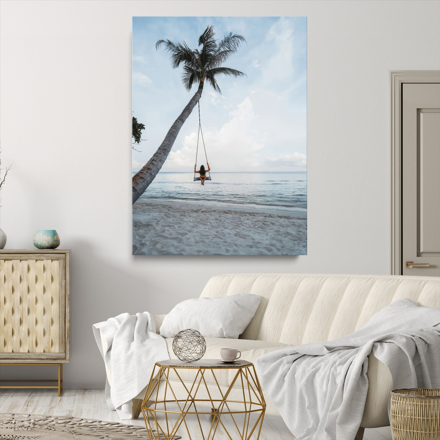 86062249-MGV-CV-36X24-Tropical Swing Wall Art Canvas Print – Palm Trees Ocean View Relaxing Beach Minimalist Coastal Decor Artwork