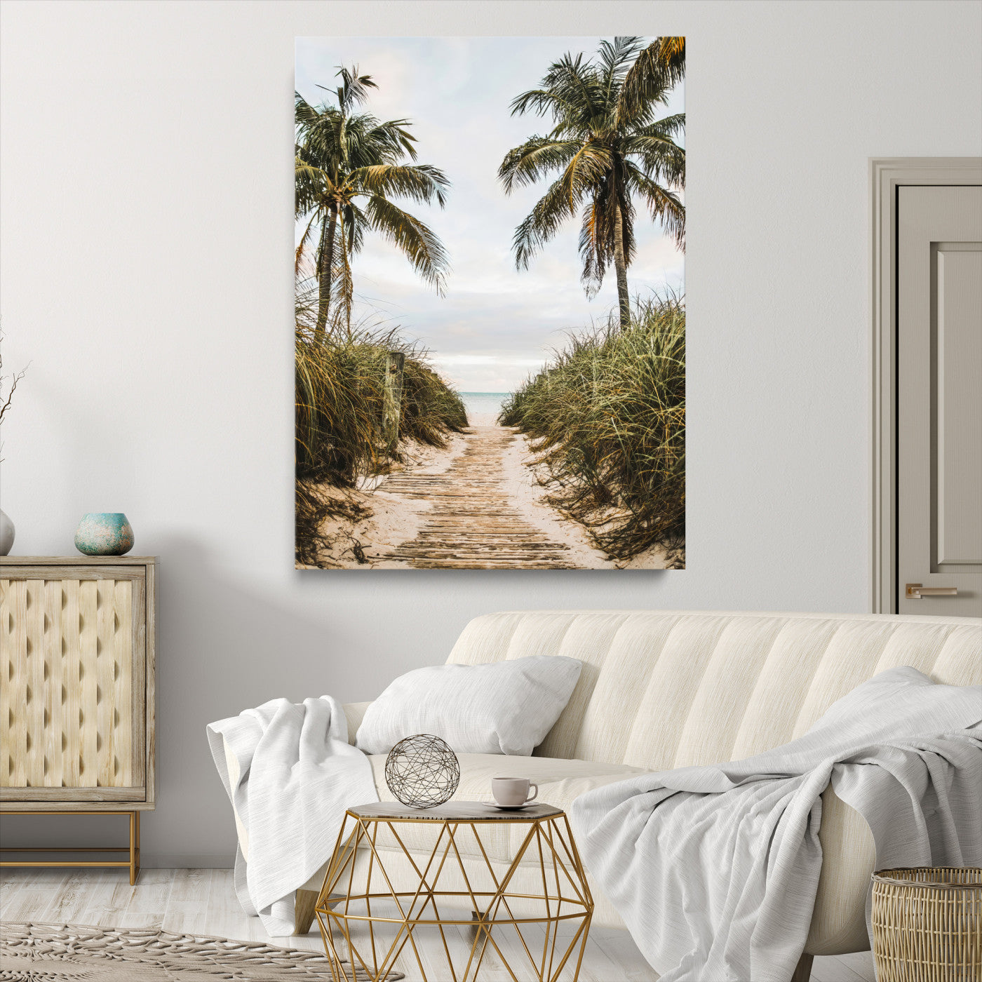 47319550-MGV-CV-36X24-Tropical Beach Wall Art Canvas Print – Framed Coastal Palm Tree Scene with Rustic Sand Ocean Artwork for Home, Office