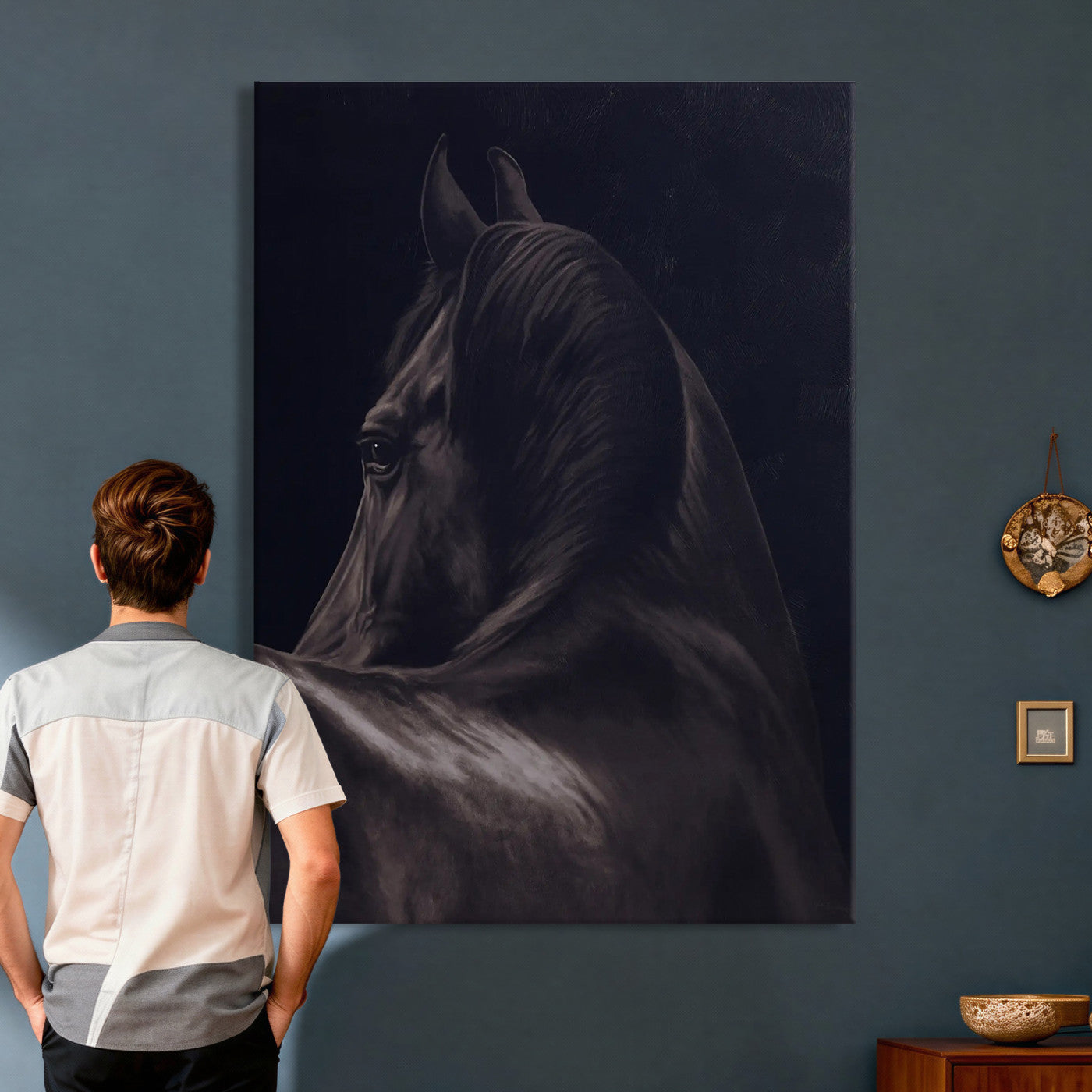 77538596-MGV-CV-24X36 - Dark Horse Wall Art – Majestic Silhouette Canvas Print, Sleek Mane, Graceful Strength, Elegant Equine Form, Timeless Beauty Decor for Home or Office