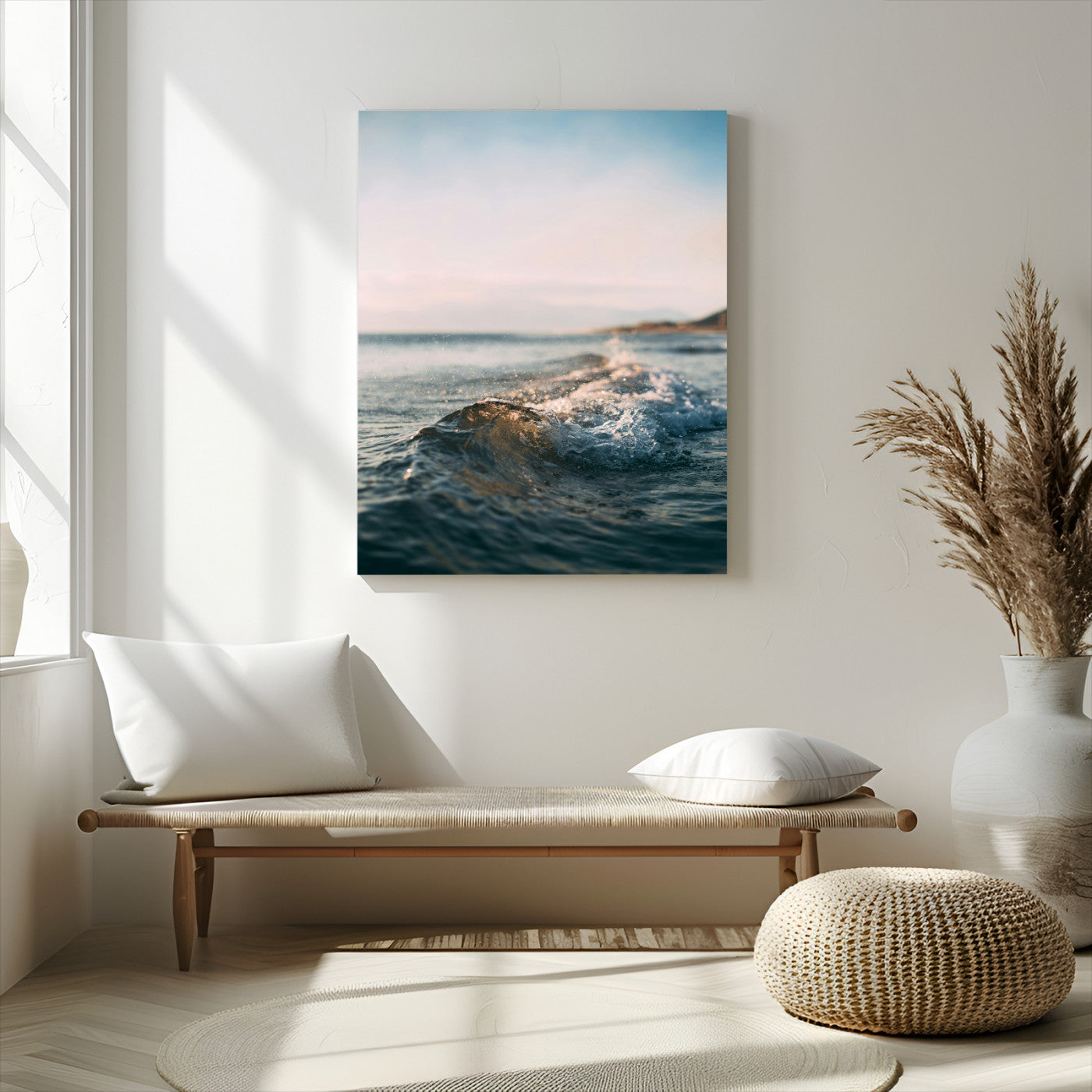 -Ocean Waves Wall Art Canvas Print – Framed Coastal Serenity Golden Hour Modern Nature Scene Artwork for Home Office