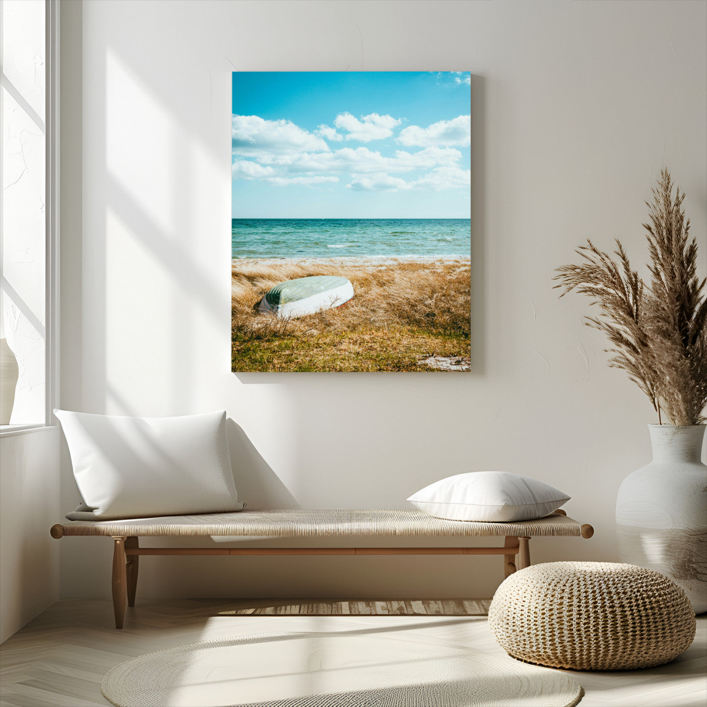 -Coastal Serenity Wall Art Canvas Print – Framed Ocean View Rustic Boat Nautical Scene Artwork for Home Office