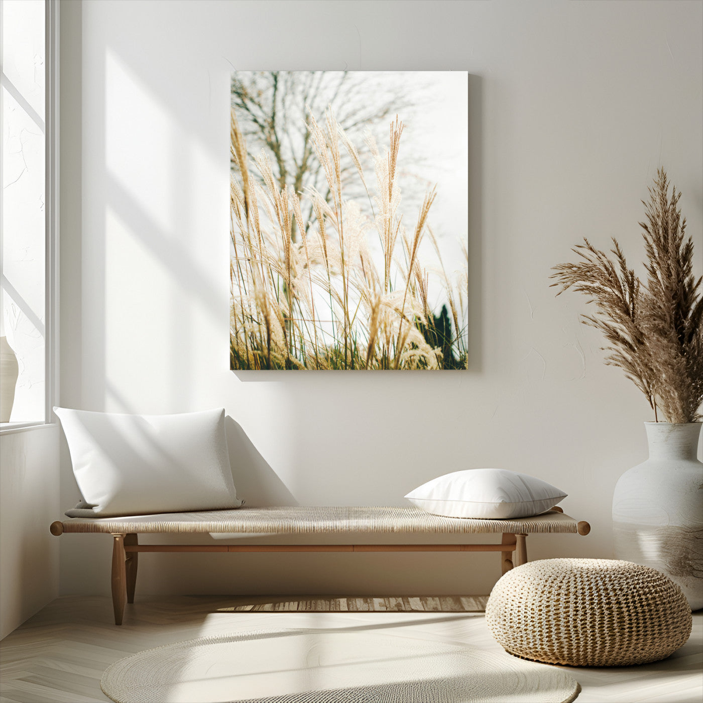 -Pampas Grass Wall Art Canvas Print – Framed Neutral Tones Minimalist Nature Scene Artwork for Home Office
