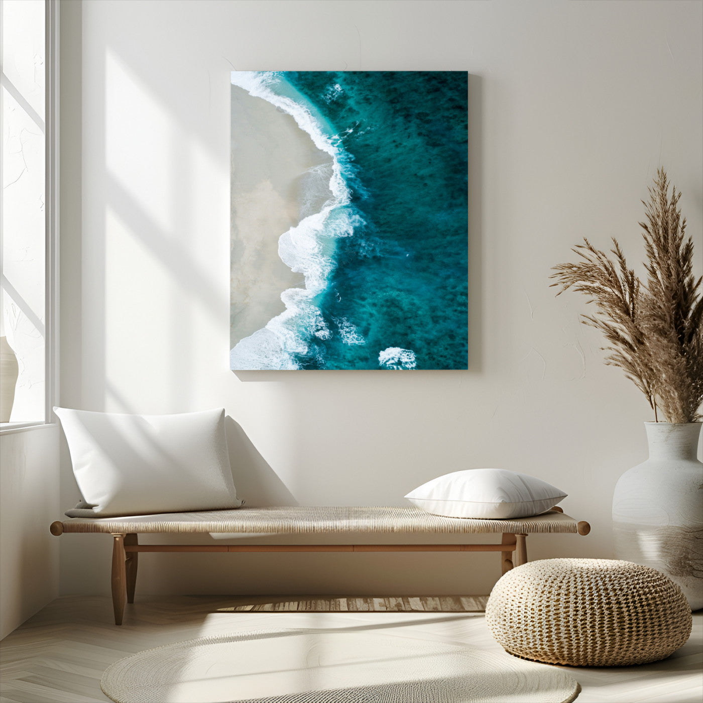 -Aerial Ocean View Wall Art Canvas Print – Framed Coastal Serenity Turquoise Waves Artwork for Home Office