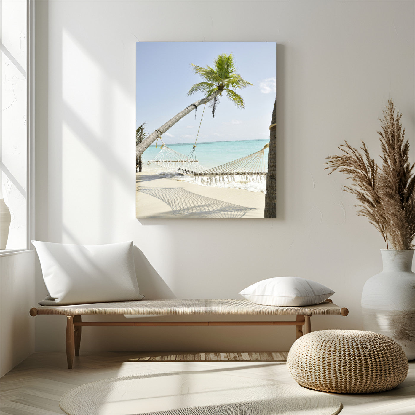 39927211-MGV-CV-24X36-Beach Hammock Wall Art Canvas Print – Framed Tropical Paradise Coastal Serenity Artwork for Home Office