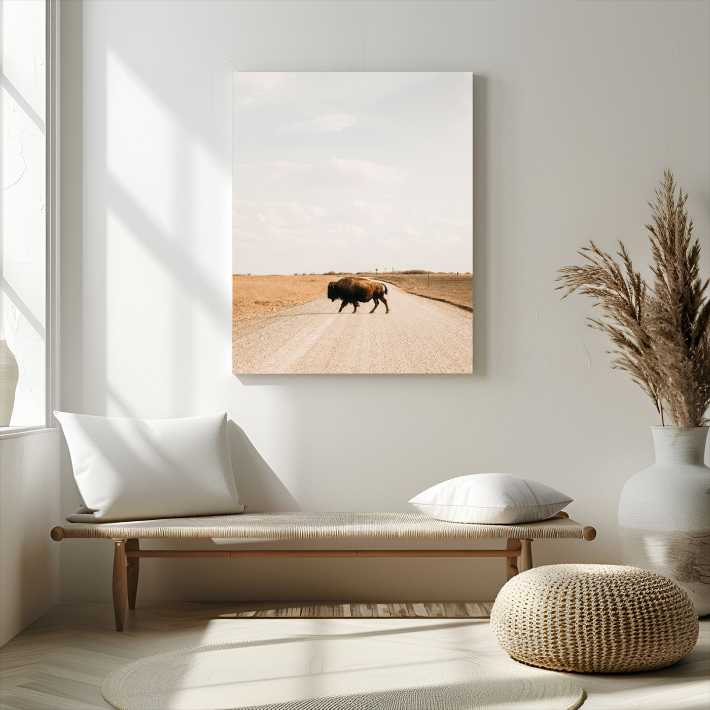 -Bison Crossing Wall Art Canvas Print – Framed Western Prairie Road Landscape Nature Scene Artwork for Home Office