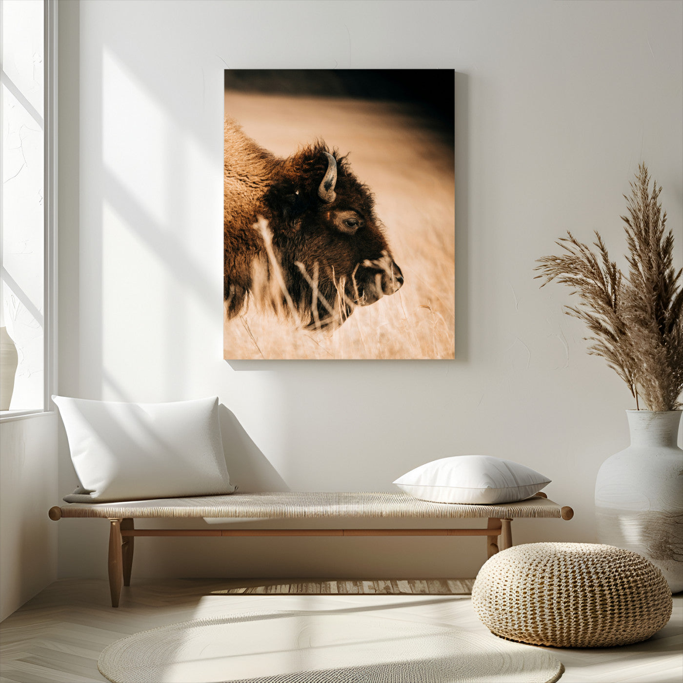 -Bison Portrait Wall Art Canvas Print – Framed Western Prairie Serenity Landscape Artwork for Home Office