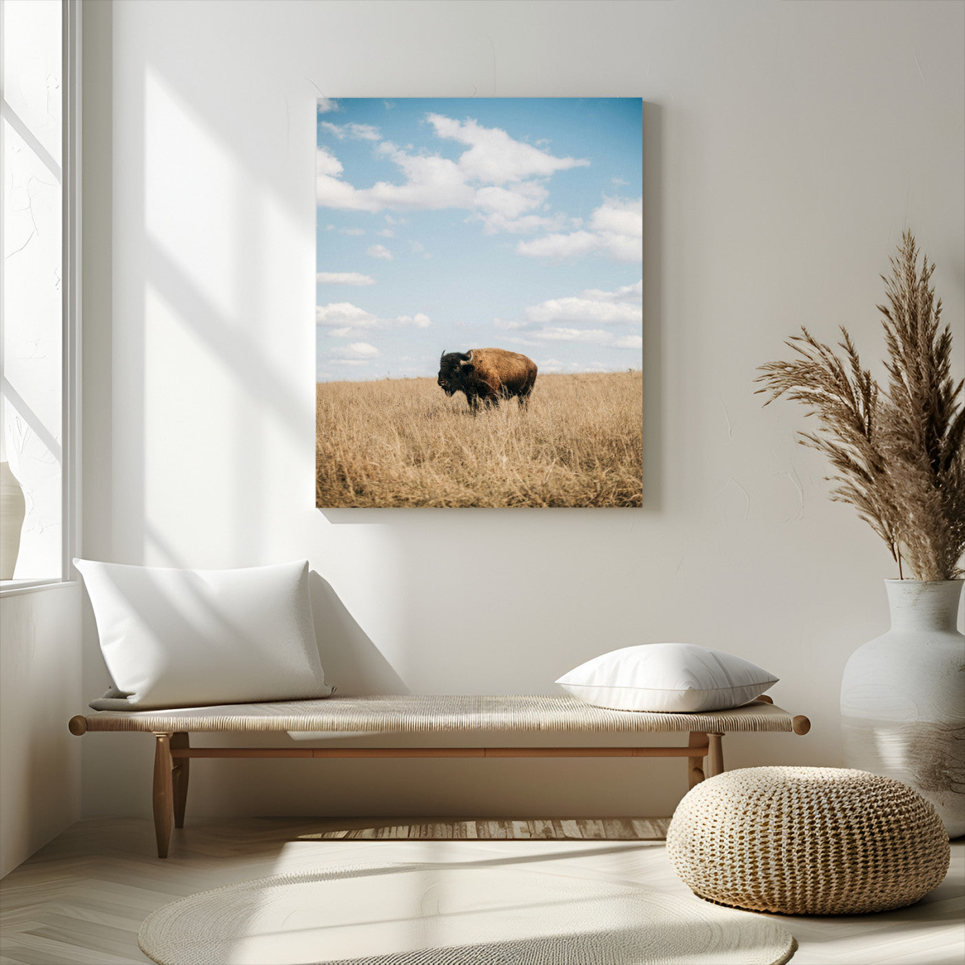-Bison Photography Wall Art Canvas Print – Framed Western Prairie Serenity Landscape Artwork for Home Office