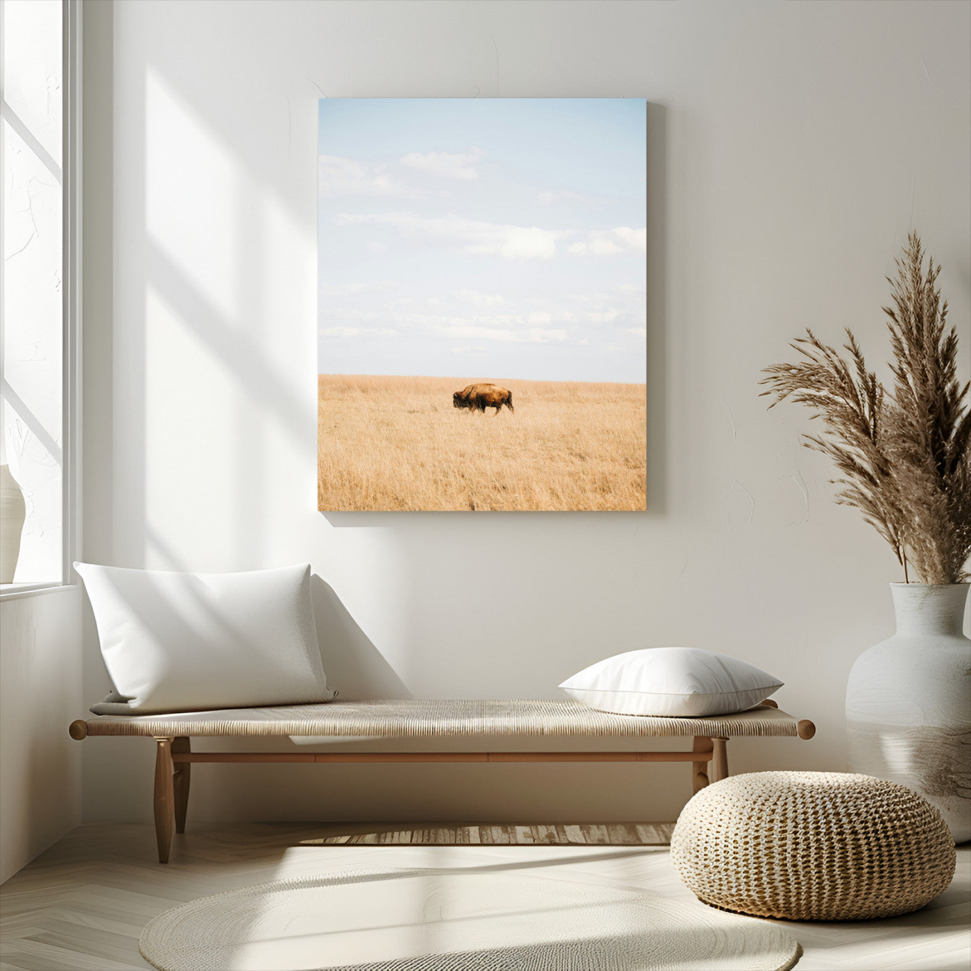 -Minimalist Nature Wall Art Canvas Print – Framed Bison Grassland Open Field Nature Scene Artwork for Home Office