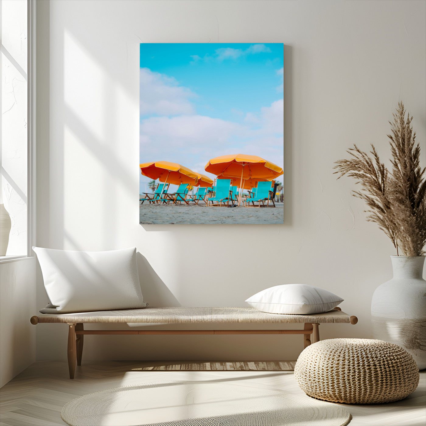 20422711-MGV-CV-24X36-Beach Umbrellas Wall Art Canvas Print – Framed Tropical Coastal Paradise Nature Scene Artwork for Home Office