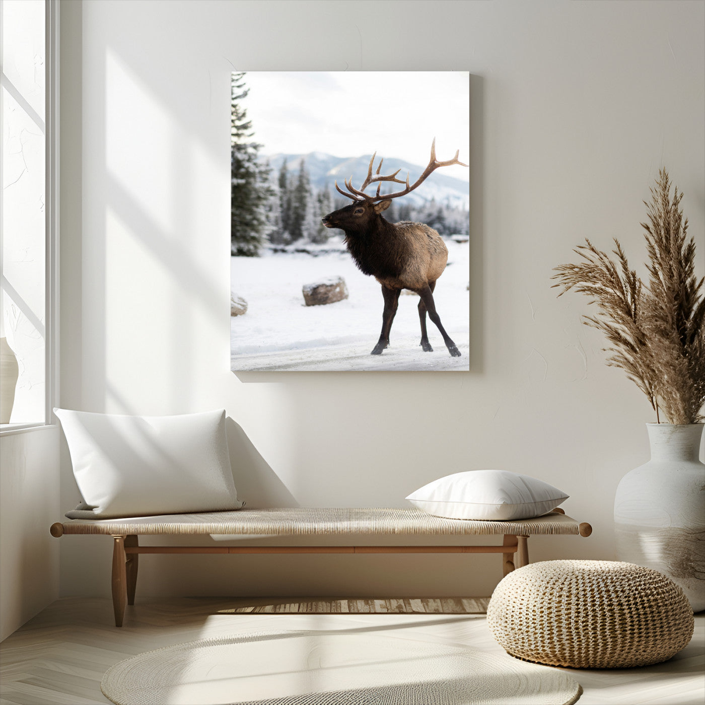 -Elk Photography Wall Art Canvas Print – Framed Winter Wildlife Snowy Mountains Nature Scene Artwork for Home Office