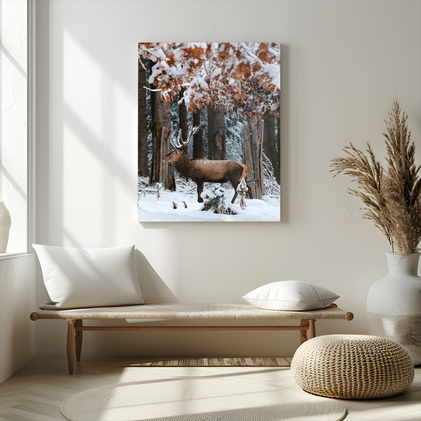 -Serene Landscape Wall Art Canvas Print – Framed Winter Wonderland Deer Nature Scene Artwork for Home Office