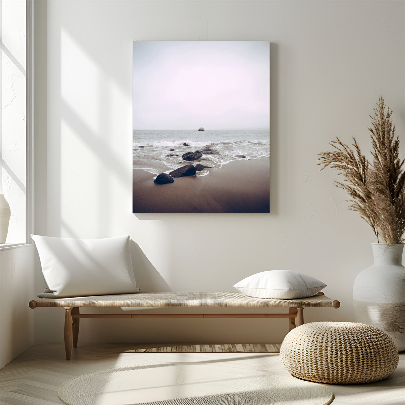 -Moody Seascape Wall Art Canvas Print – Framed Neutral Foggy Ocean Beach Nature Scene Artwork for Home Office
